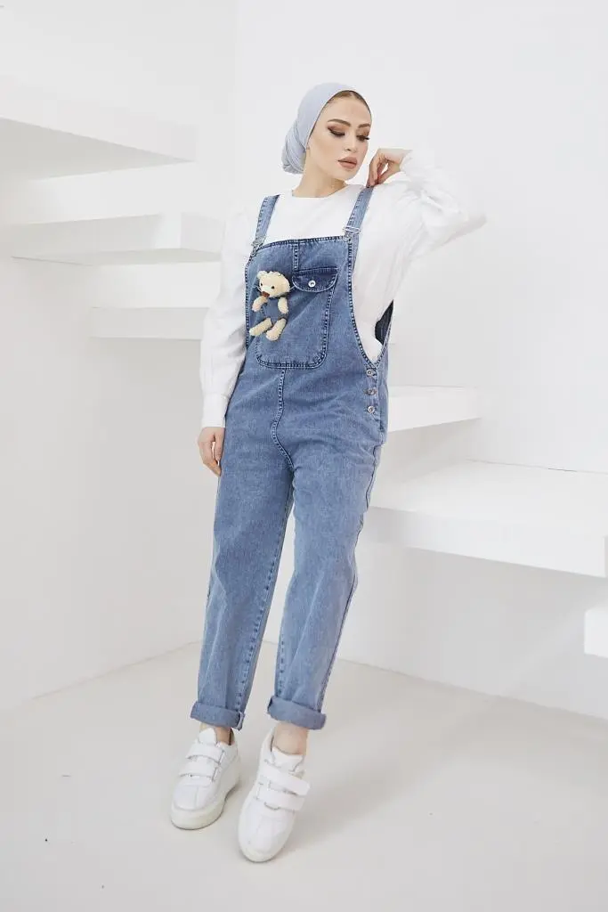 Blue Denim Overalls With Teddy Bear Accessory-detail