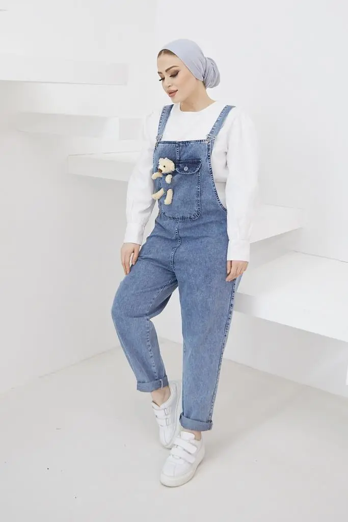 Blue Denim Overalls With Teddy Bear Accessory-detail