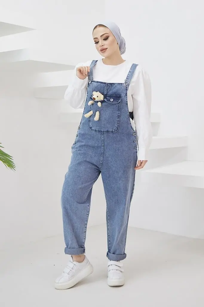 Blue Denim Overalls With Teddy Bear Accessory-detail