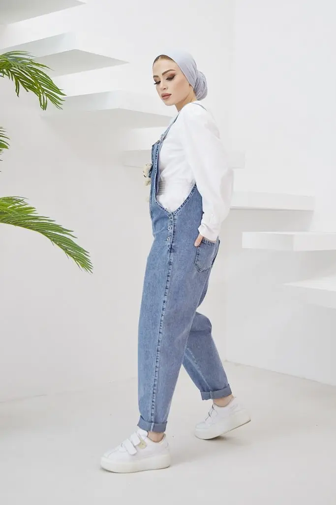 Blue Denim Overalls With Teddy Bear Accessory-detail