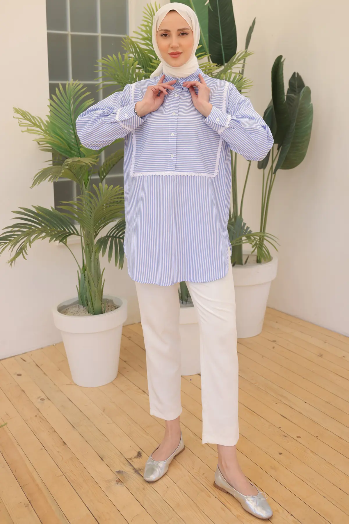 2101 Dantel Detaylı Çizgili Salaş Gömlek Mavi-detail