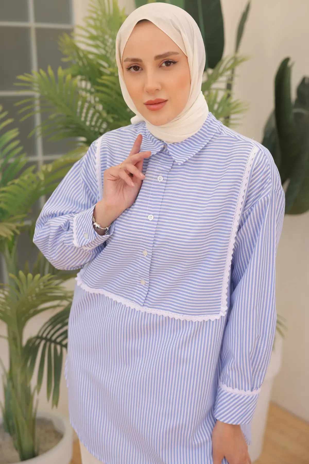 2101 Dantel Detaylı Çizgili Salaş Gömlek Mavi-detail