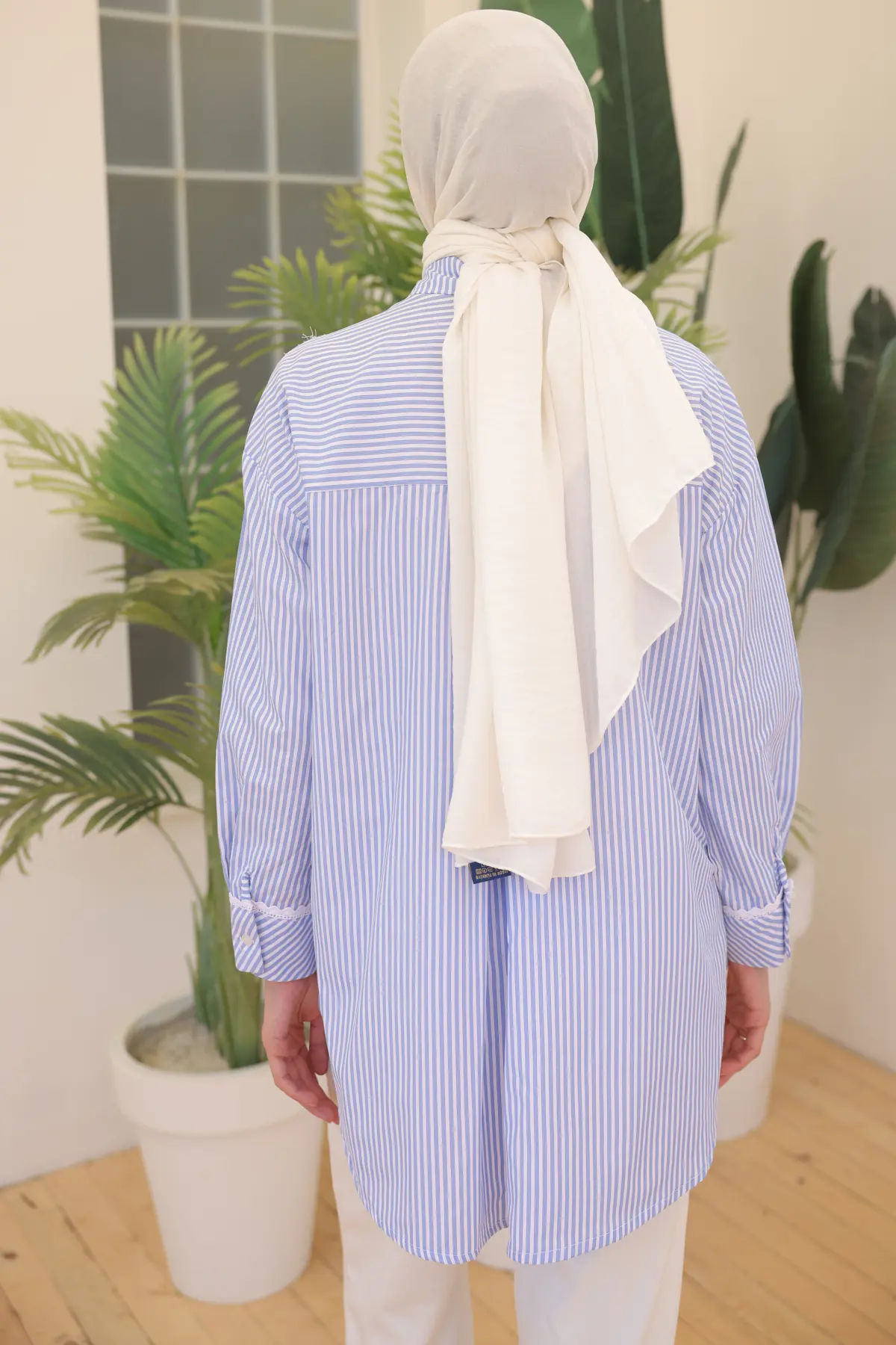 2101 Dantel Detaylı Çizgili Salaş Gömlek Mavi-detail