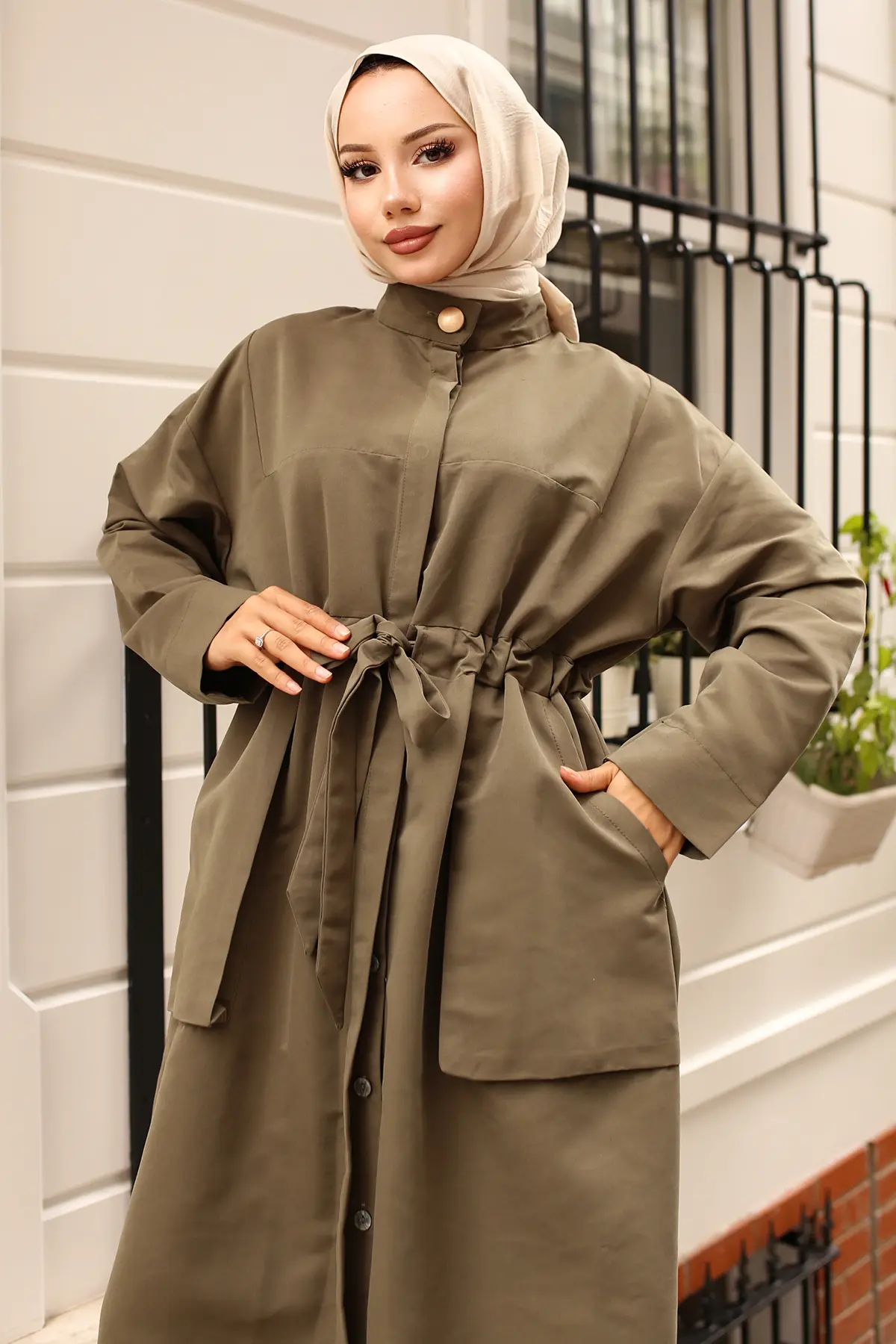 Belted Trench Coat With Button Detailed Collar-detail