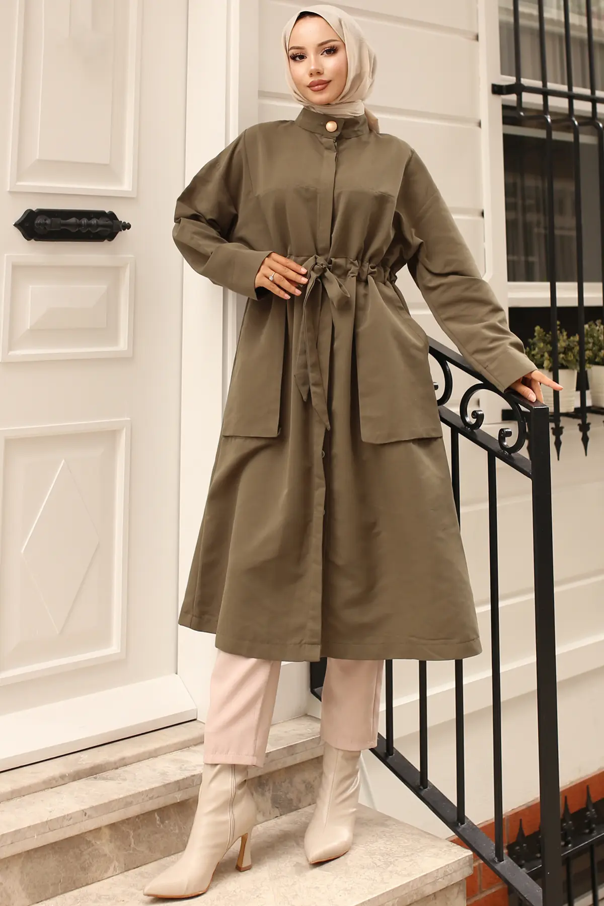 Belted Trench Coat With Button Detailed Collar-detail