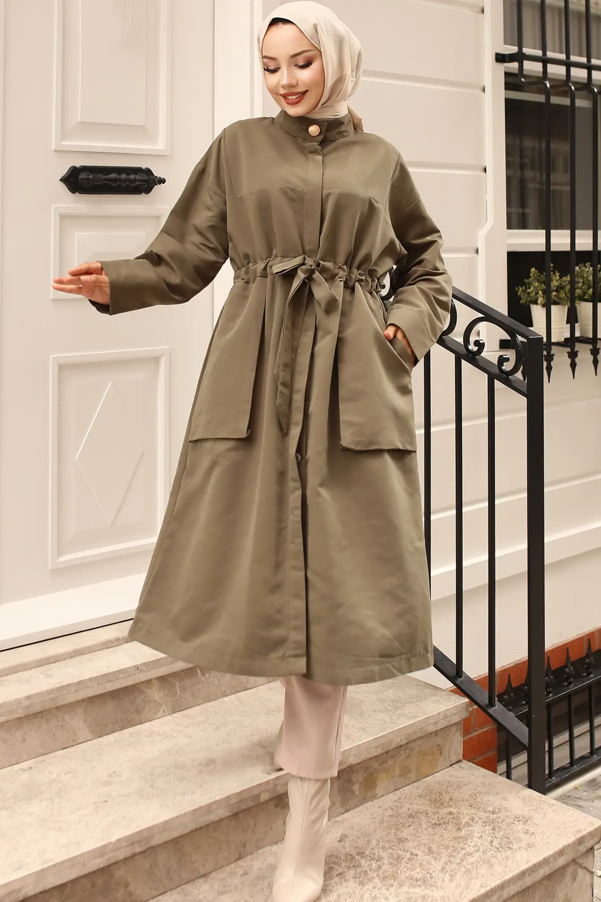 Belted Trench Coat With Button Detailed Collar-detail