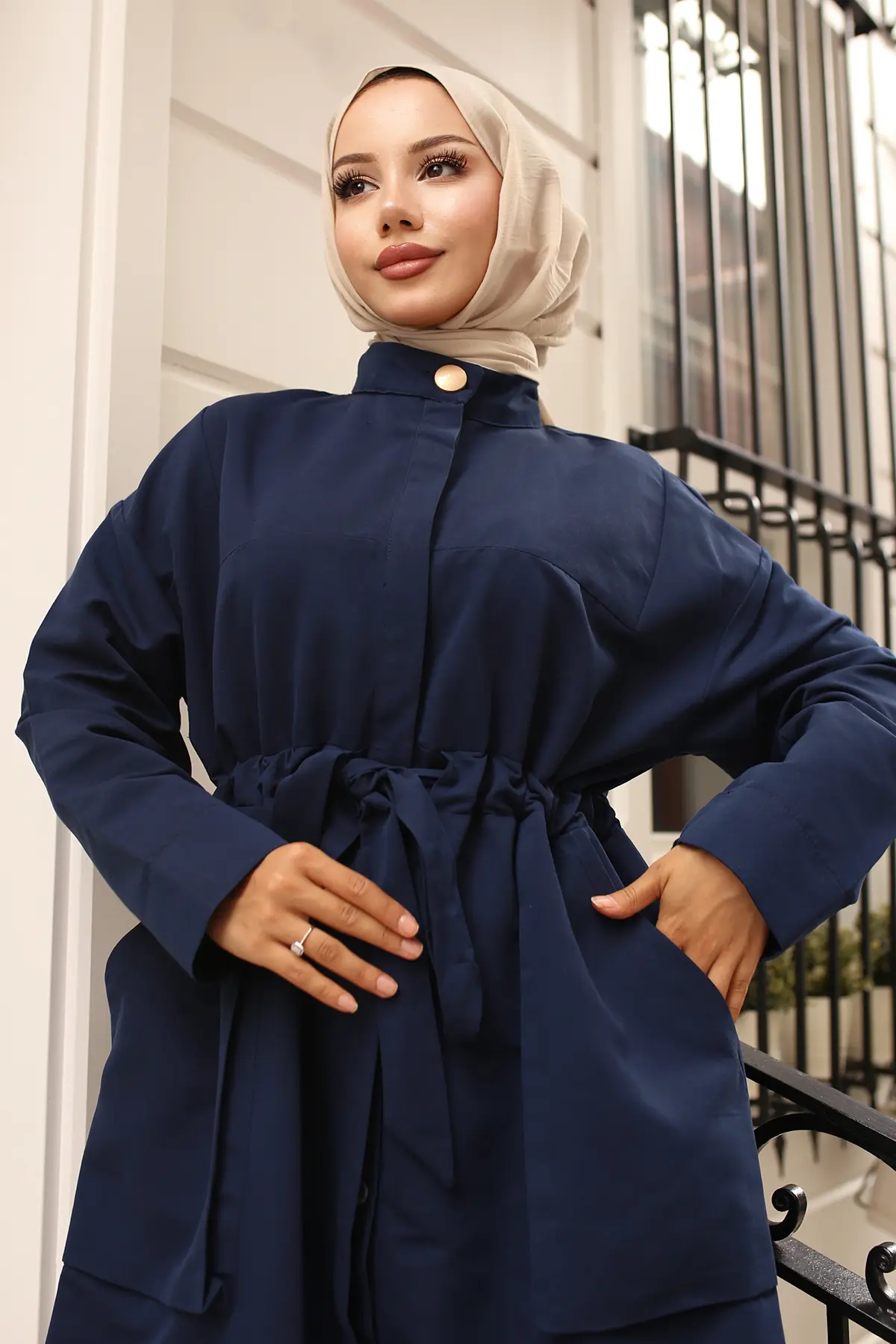 Belted Trench Coat With Button Detailed Collar-detail