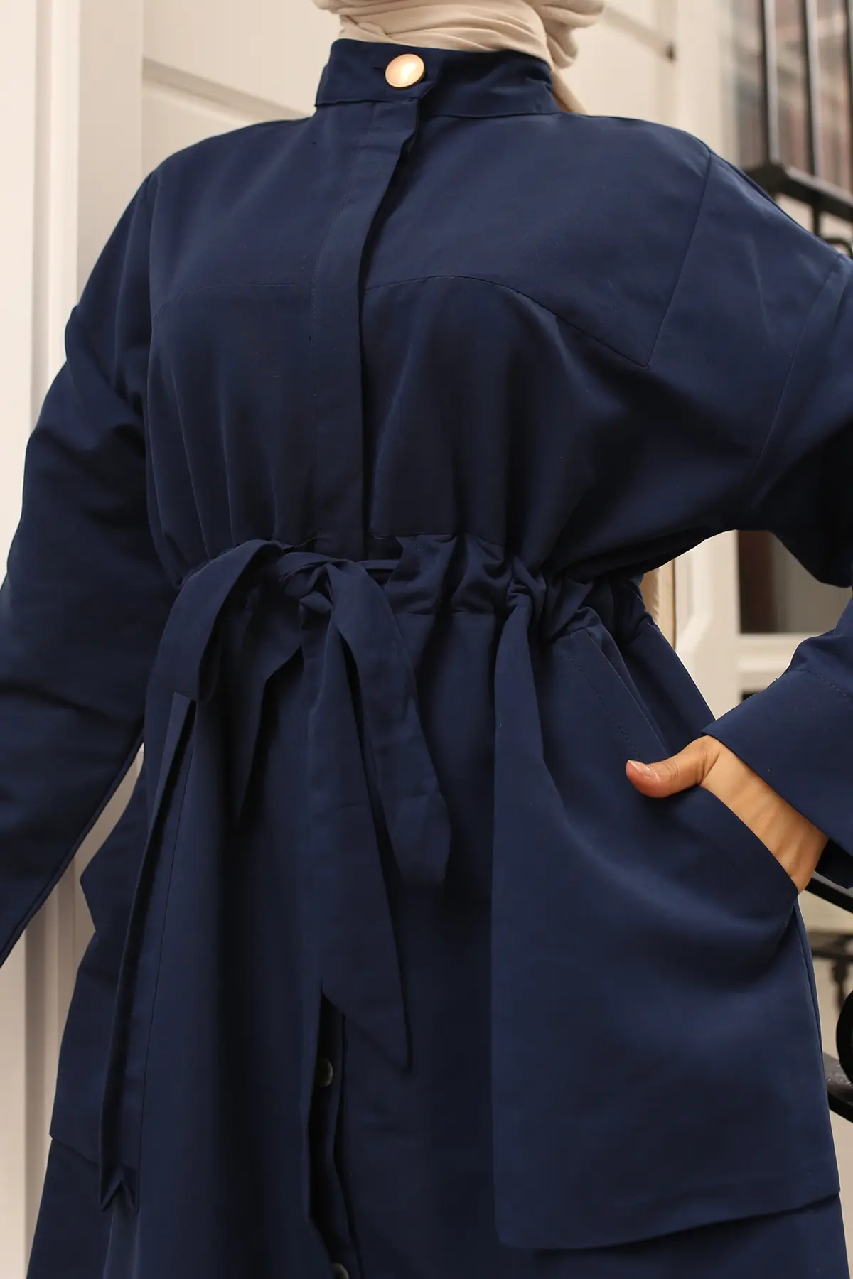 Belted Trench Coat With Button Detailed Collar-detail