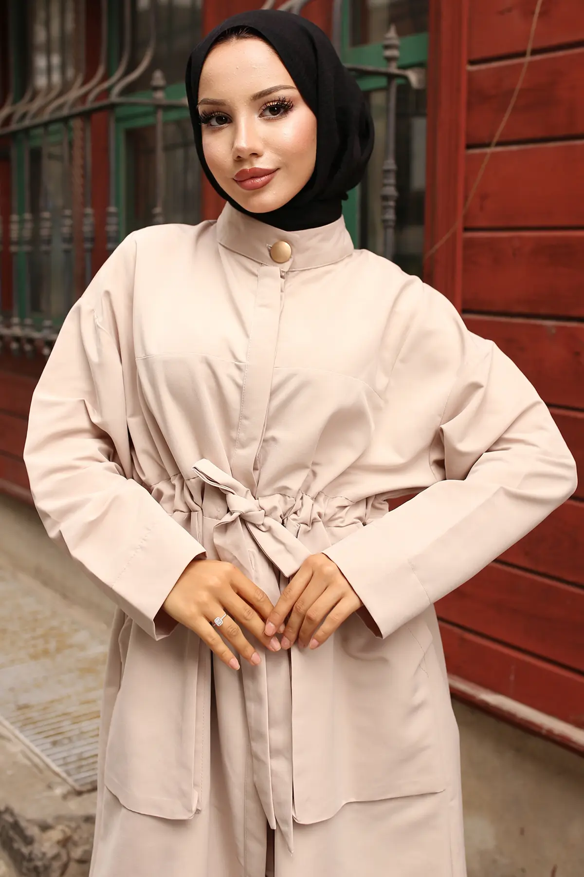 Belted Trench Coat With Button Detailed Collar-detail