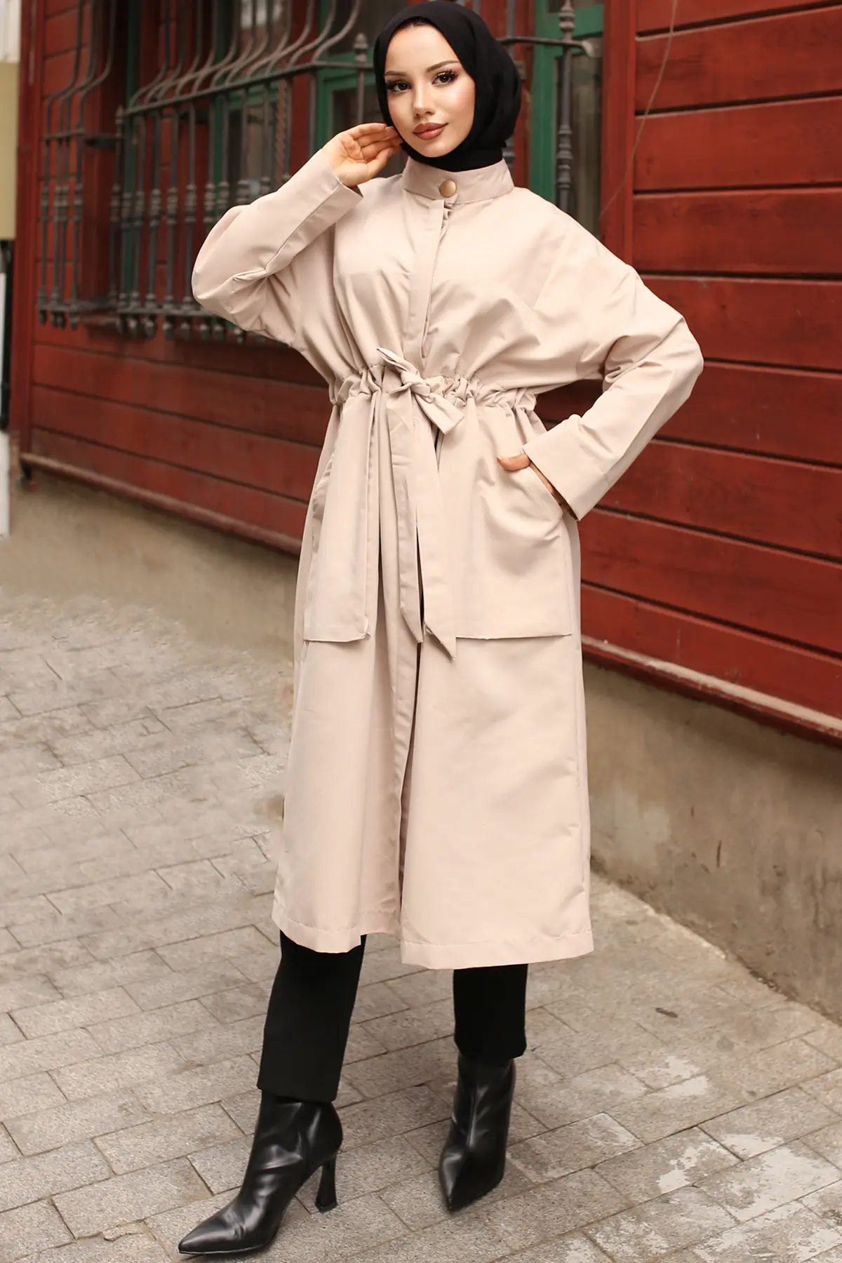 Belted Trench Coat With Button Detailed Collar-detail