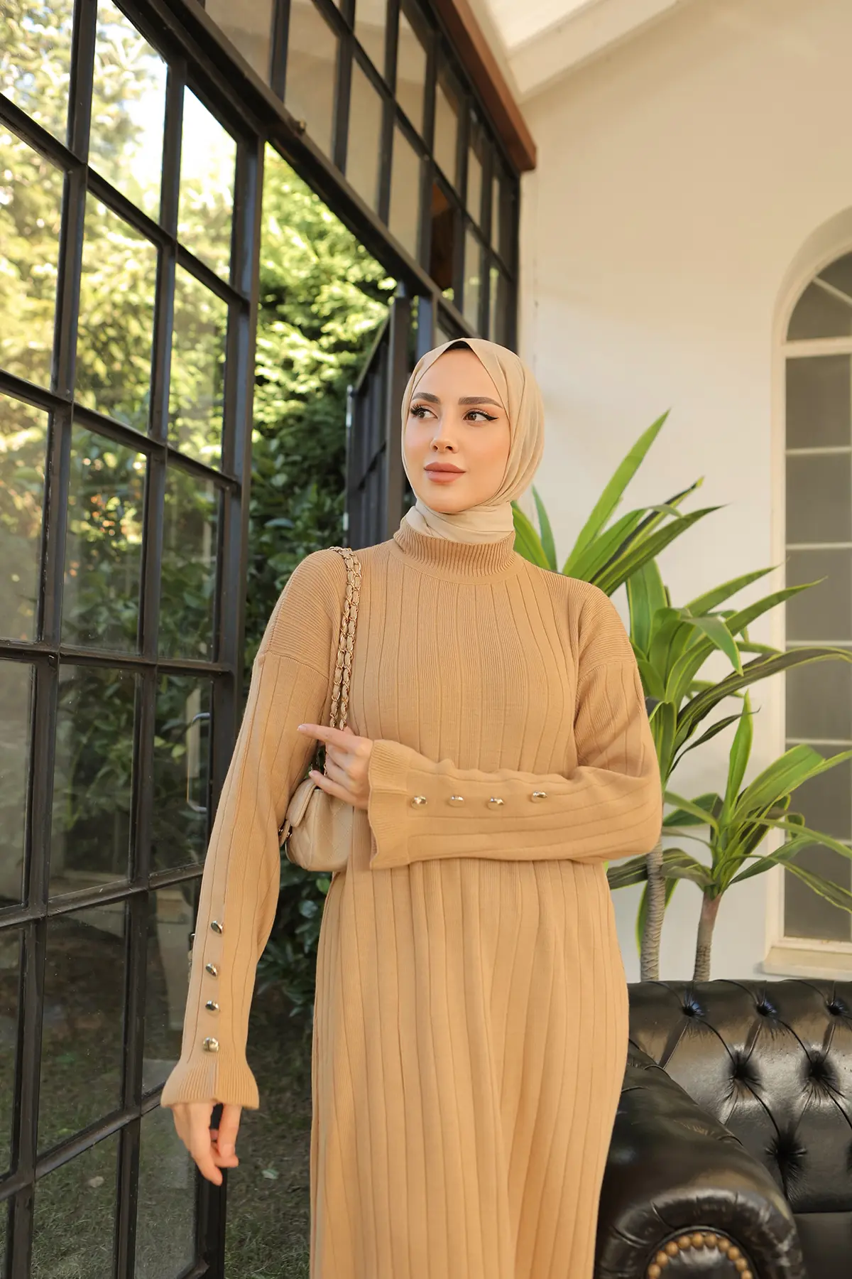 23009 Fırfırlı Triko Elbise Camel-detail