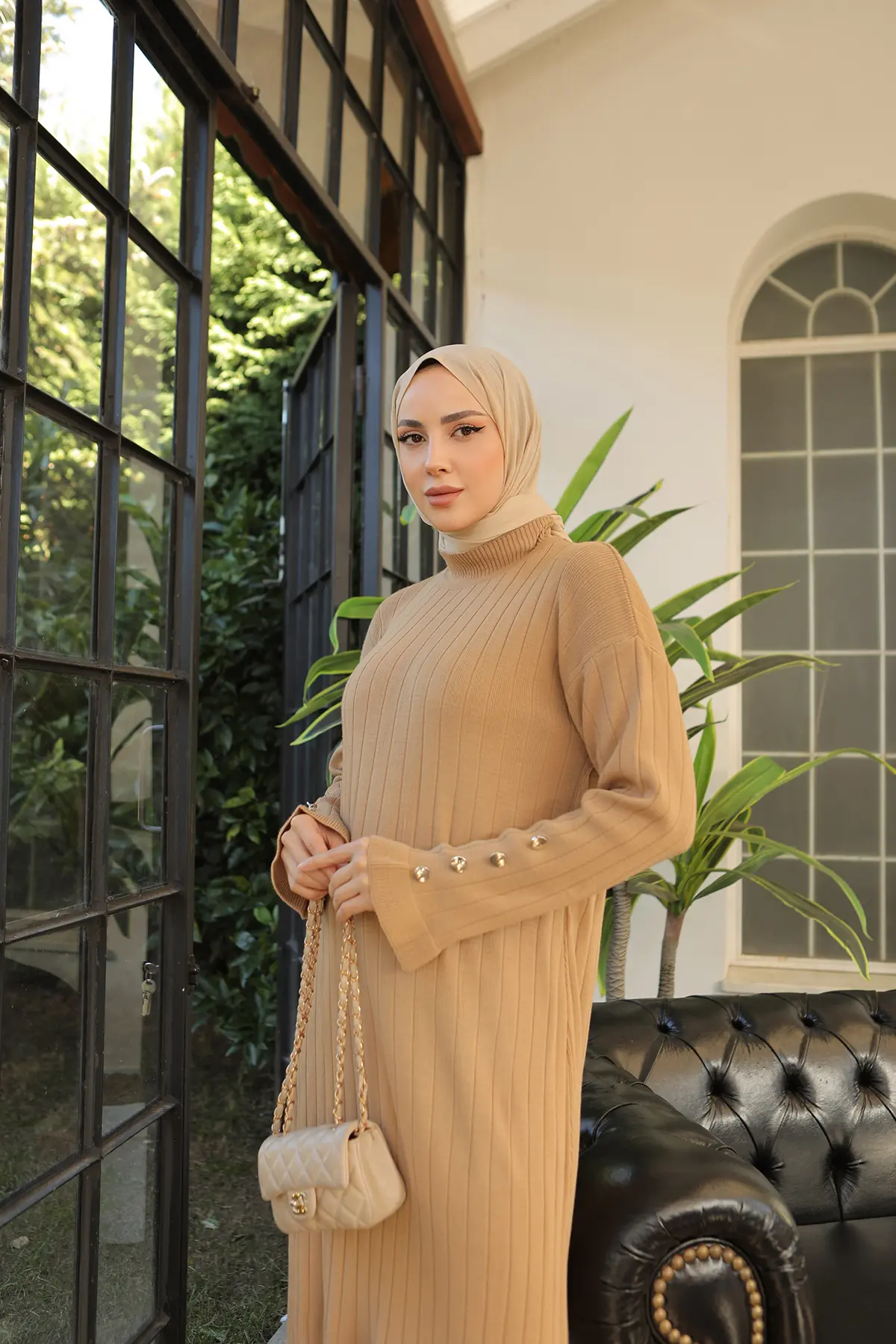 23009 Fırfırlı Triko Elbise Camel-detail