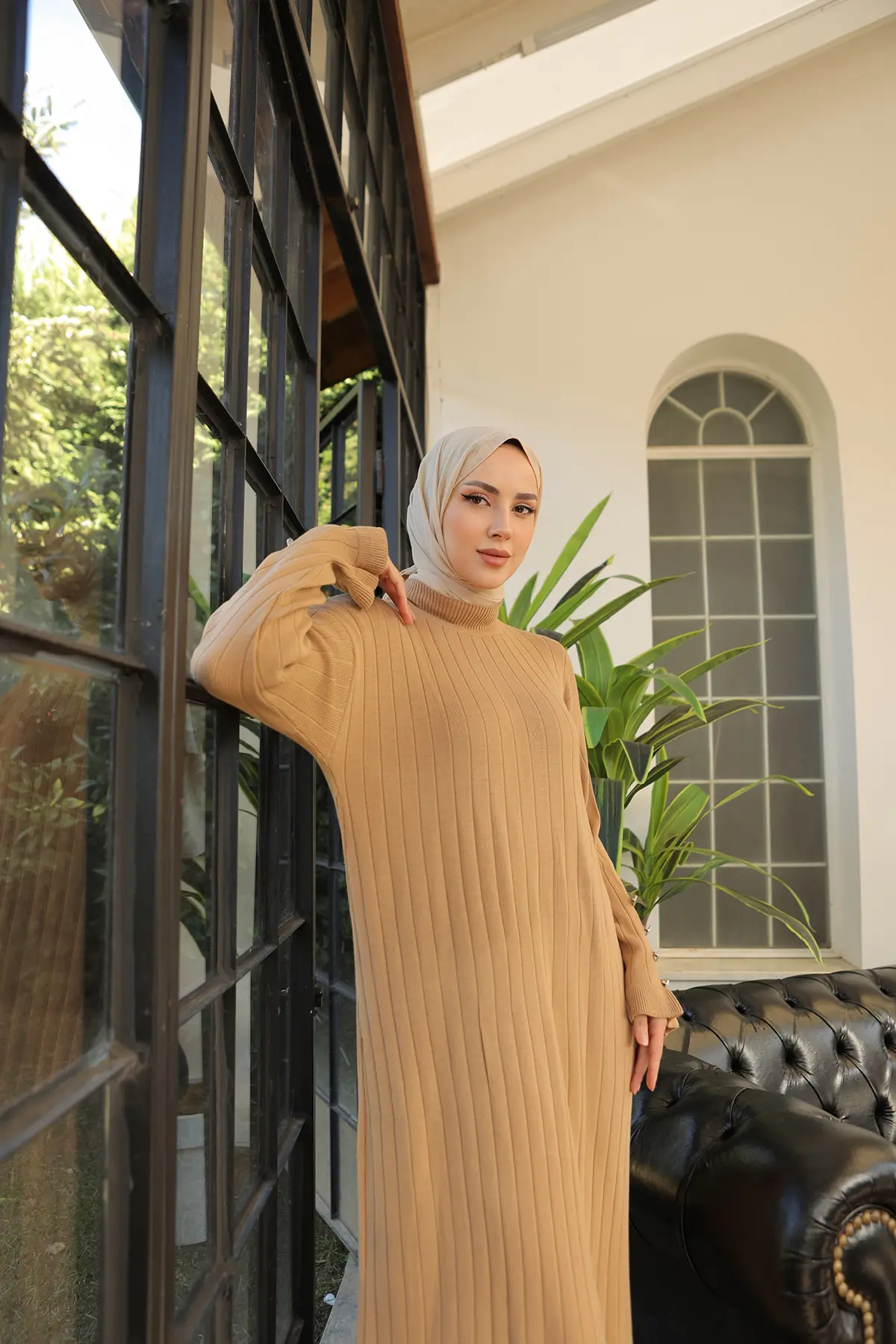 23009 Fırfırlı Triko Elbise Camel-detail