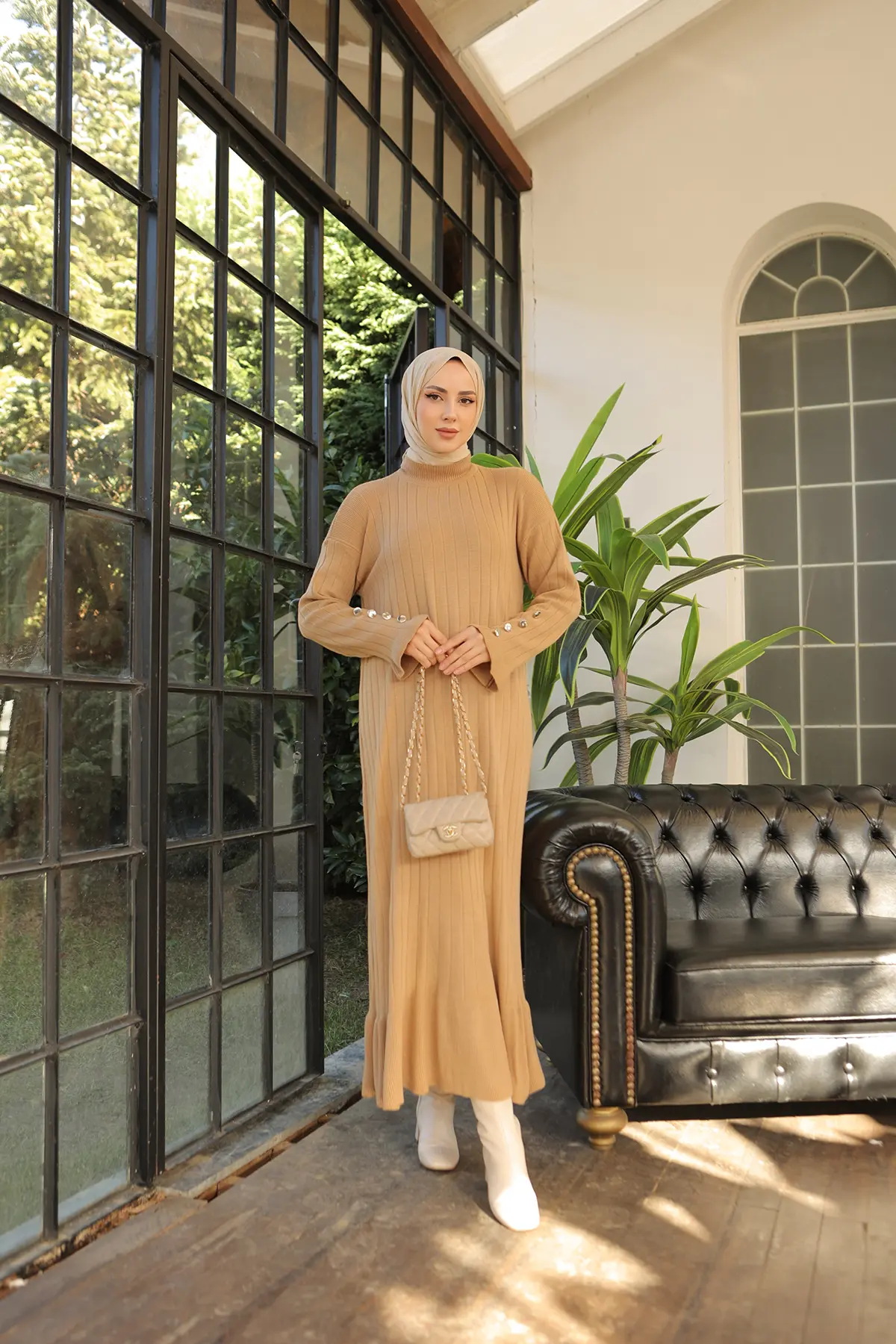 23009 Fırfırlı Triko Elbise Camel-detail