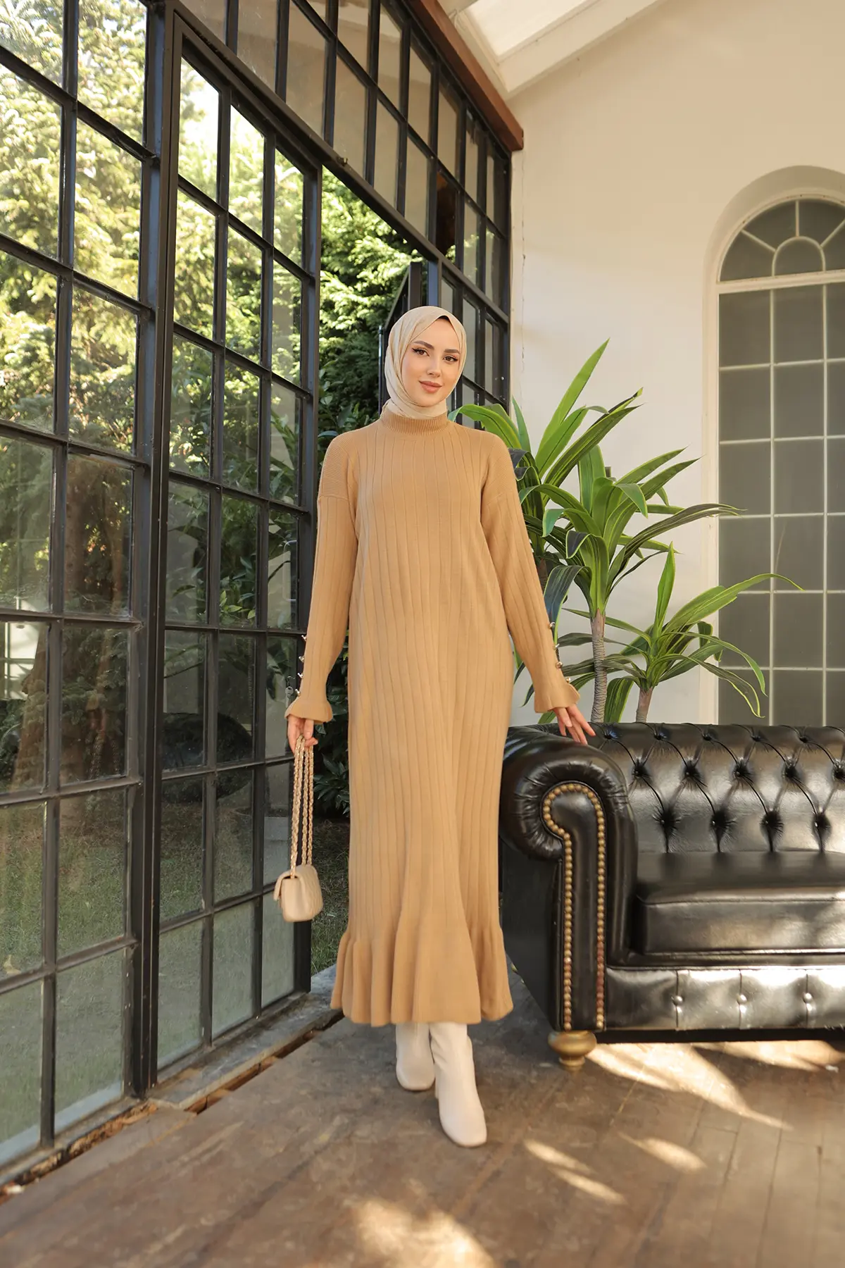 23009 Fırfırlı Triko Elbise Camel-detail