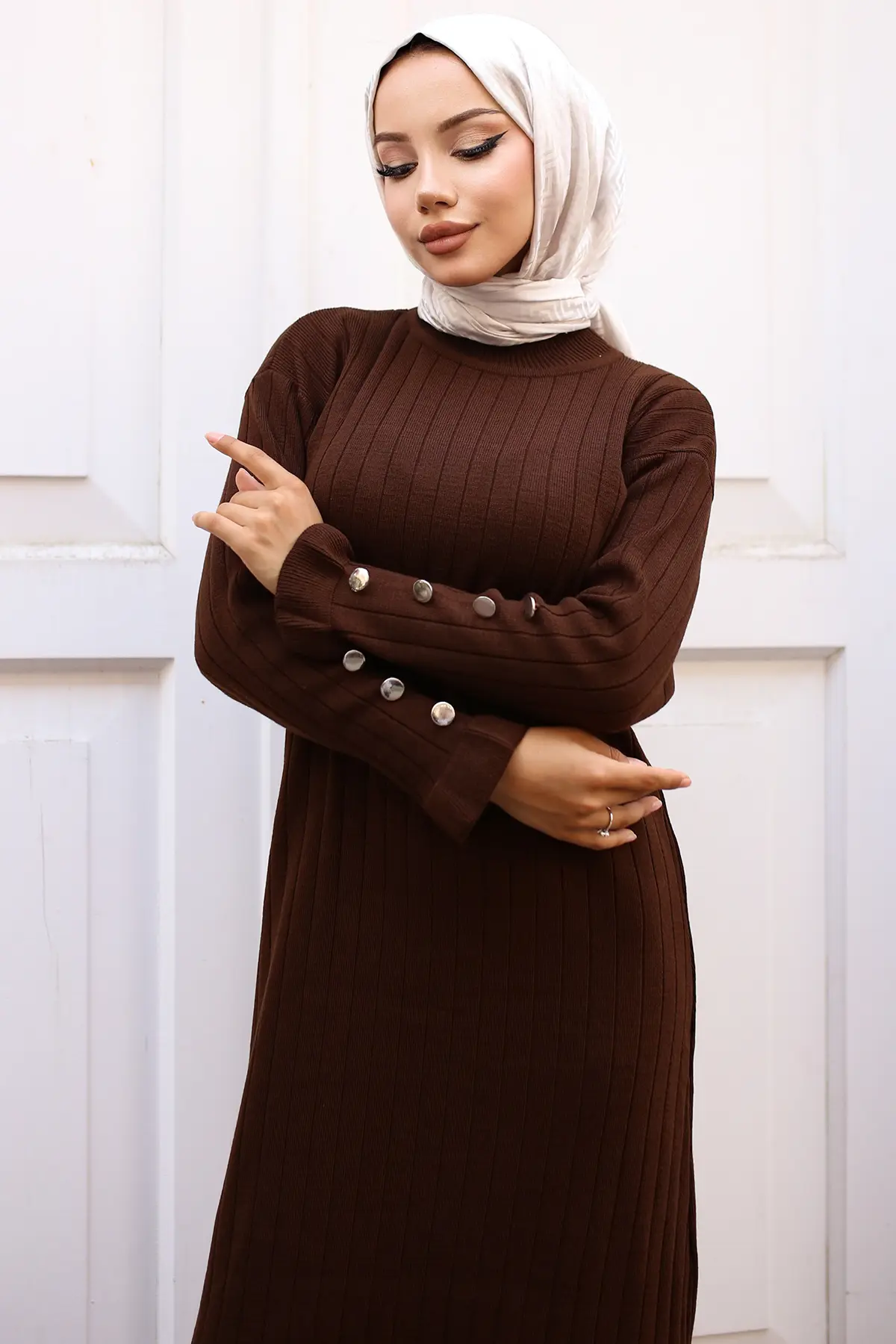 23009 Fırfırlı Triko Elbise Kahverengi-detail