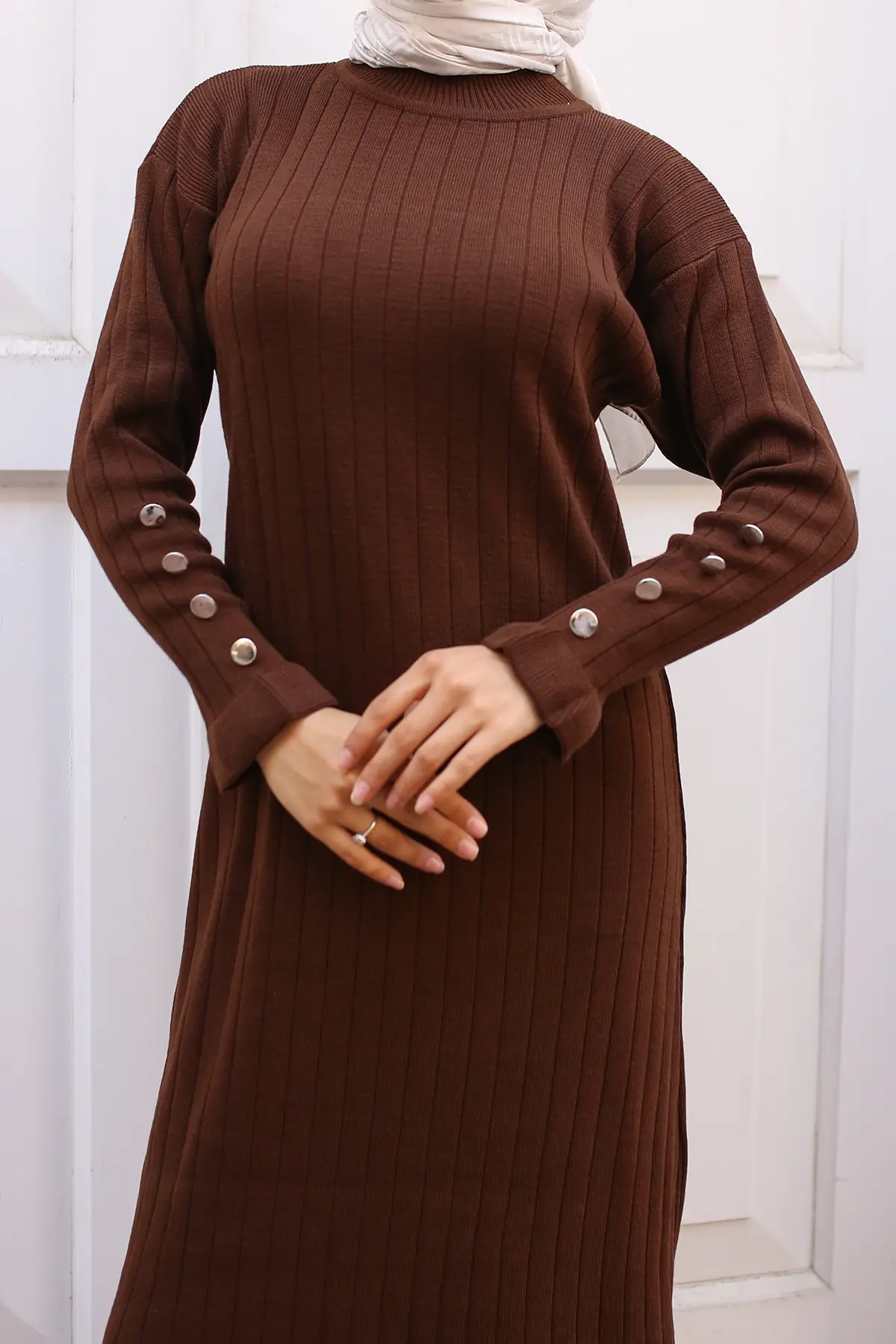 23009 Fırfırlı Triko Elbise Kahverengi-detail