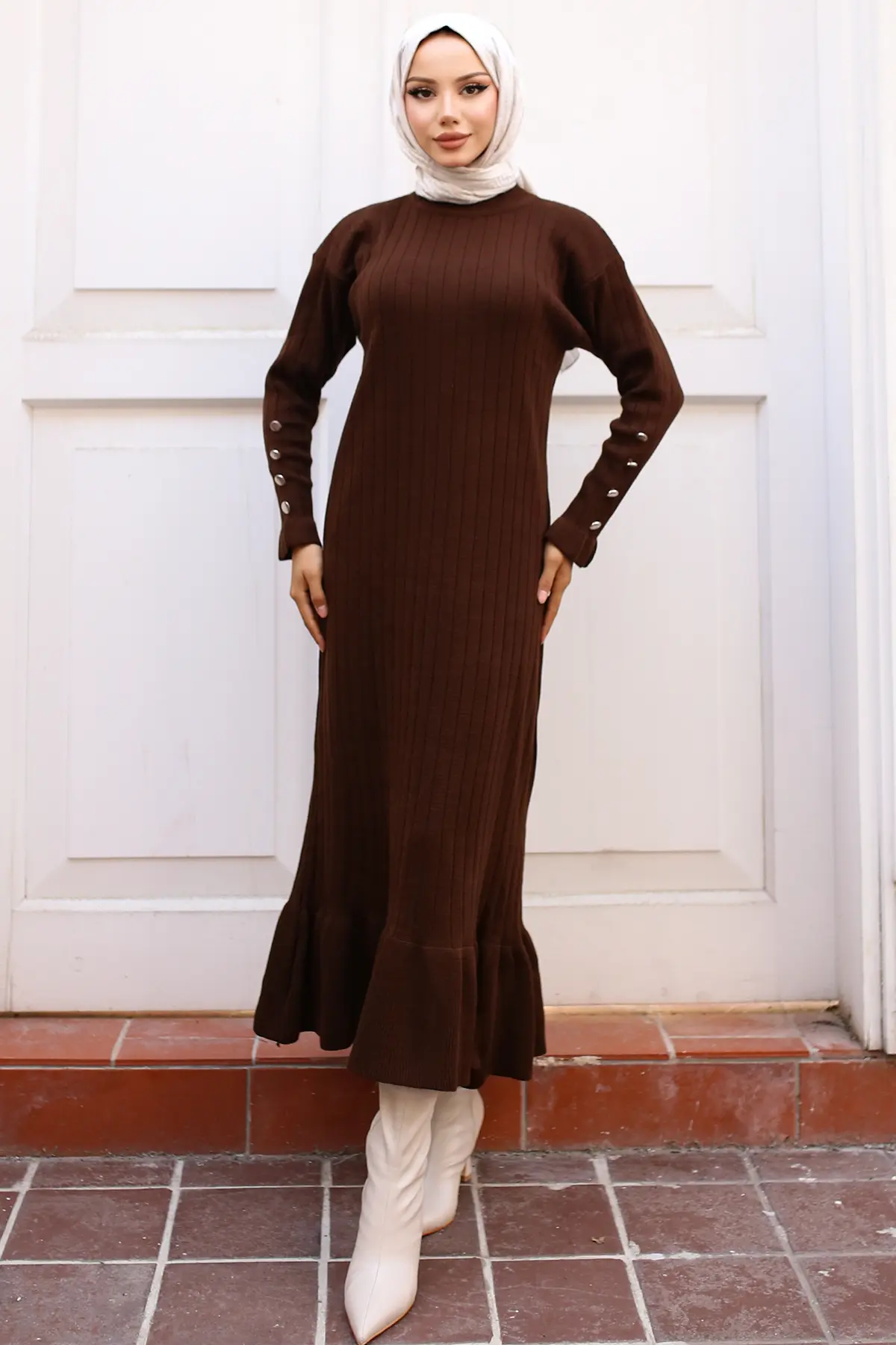 23009 Fırfırlı Triko Elbise Kahverengi-detail