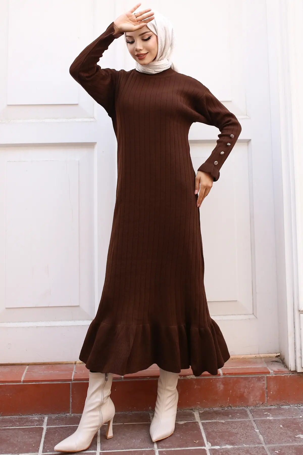 23009 Fırfırlı Triko Elbise Kahverengi-detail