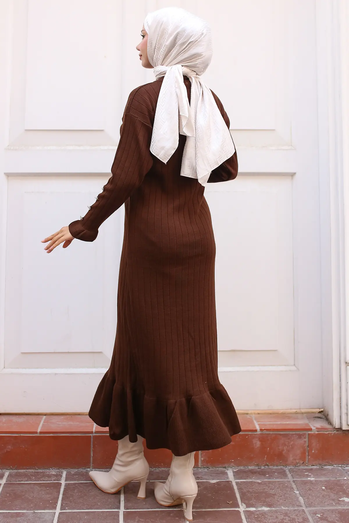 23009 Fırfırlı Triko Elbise Kahverengi-detail