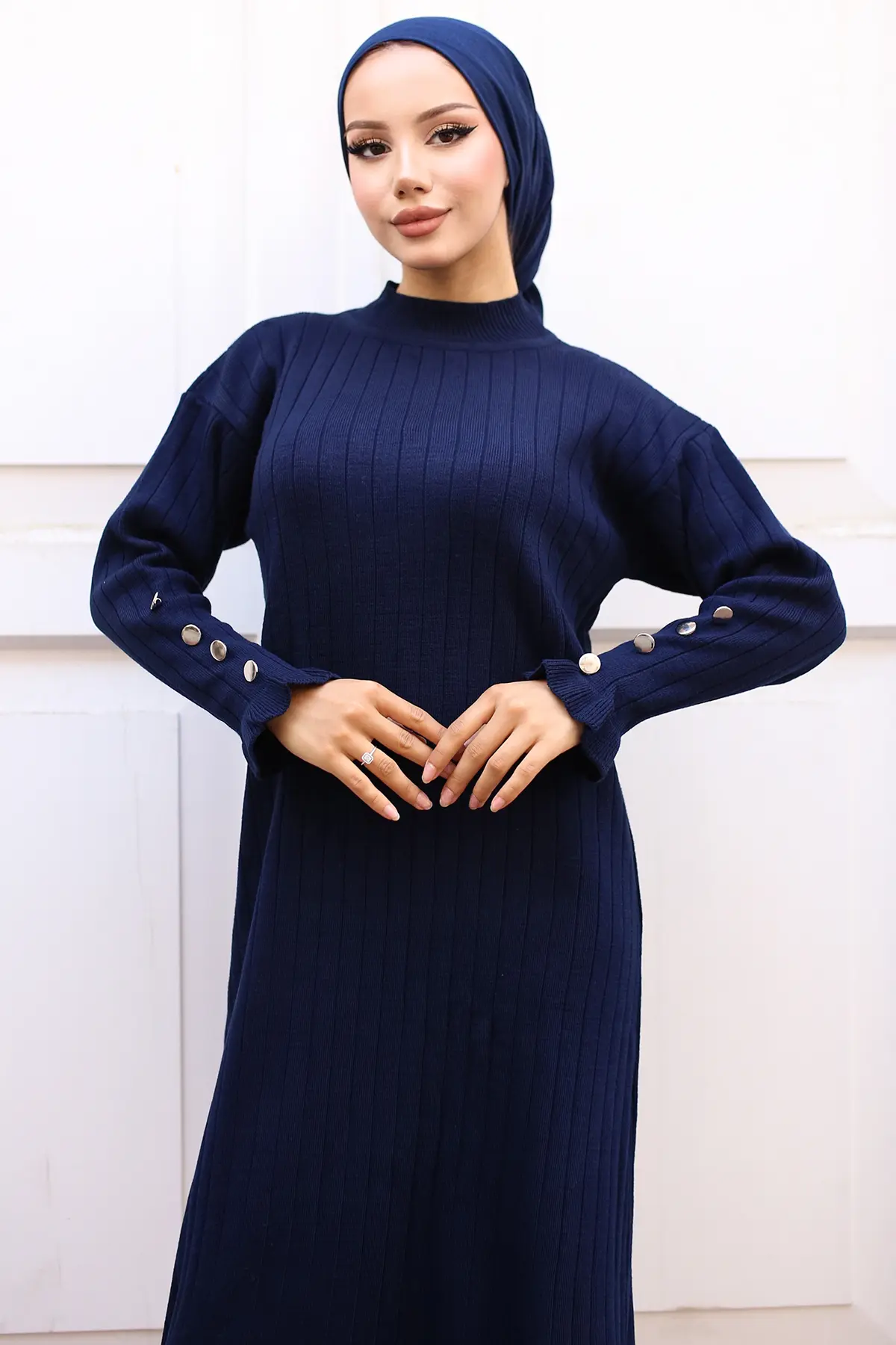 23009 Fırfırlı Triko Elbise Lacivert-detail