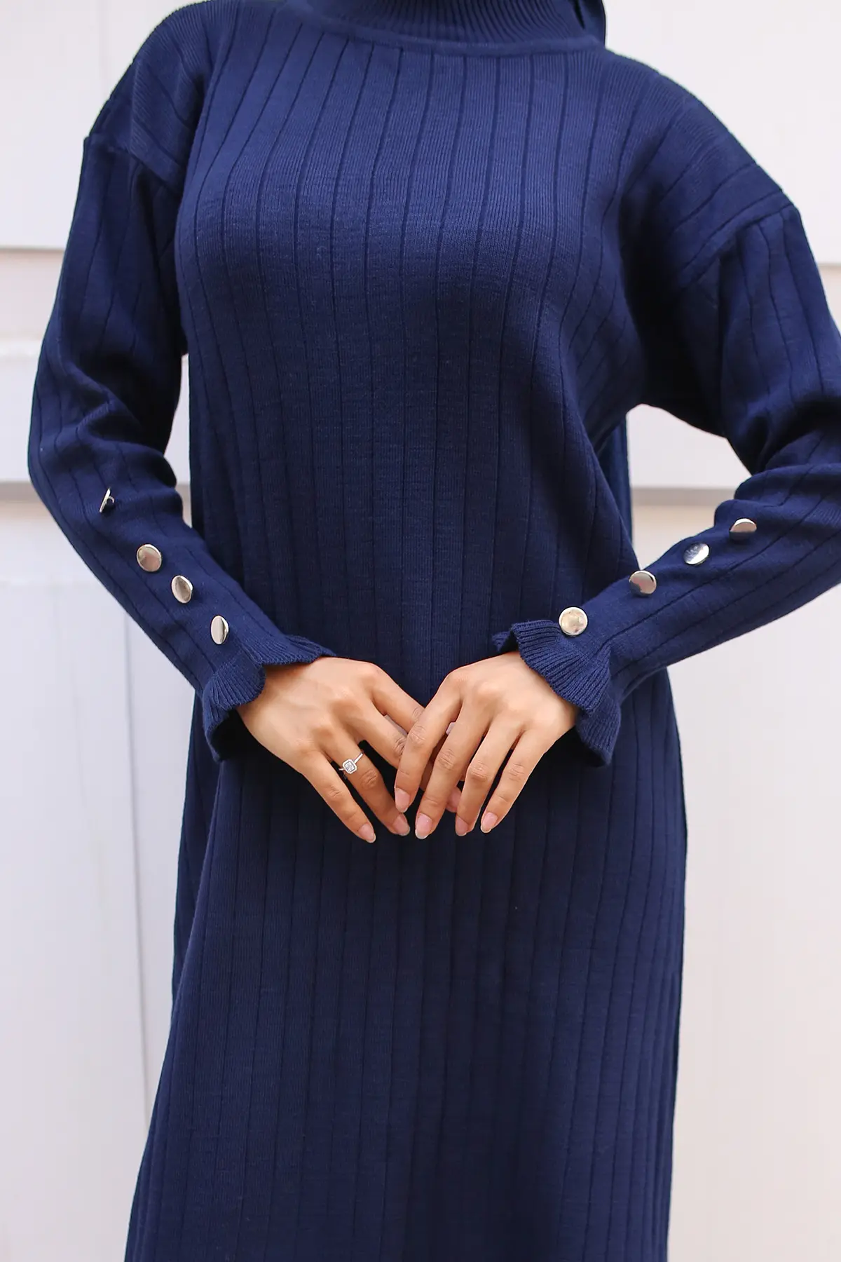 23009 Fırfırlı Triko Elbise Lacivert-detail