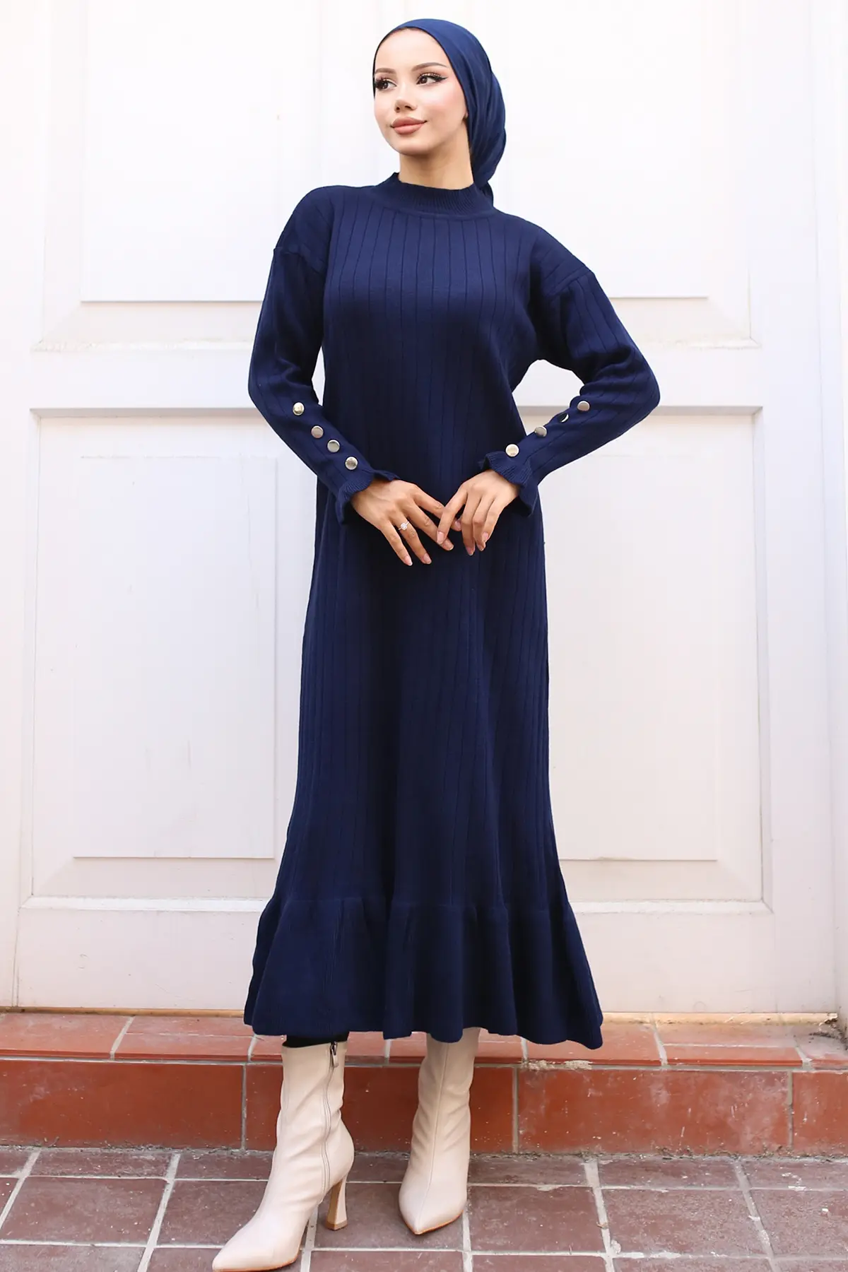 23009 Fırfırlı Triko Elbise Lacivert-detail