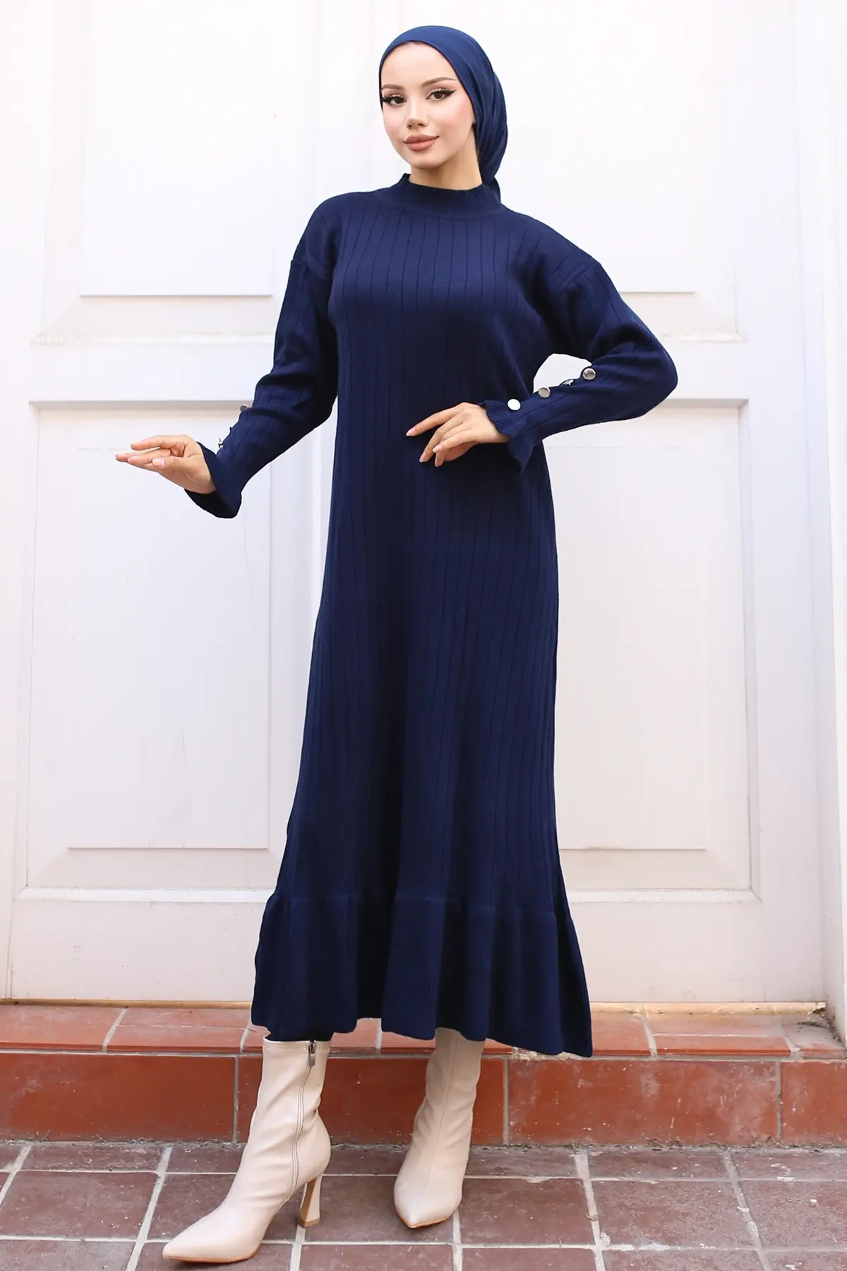 23009 Fırfırlı Triko Elbise Lacivert-detail