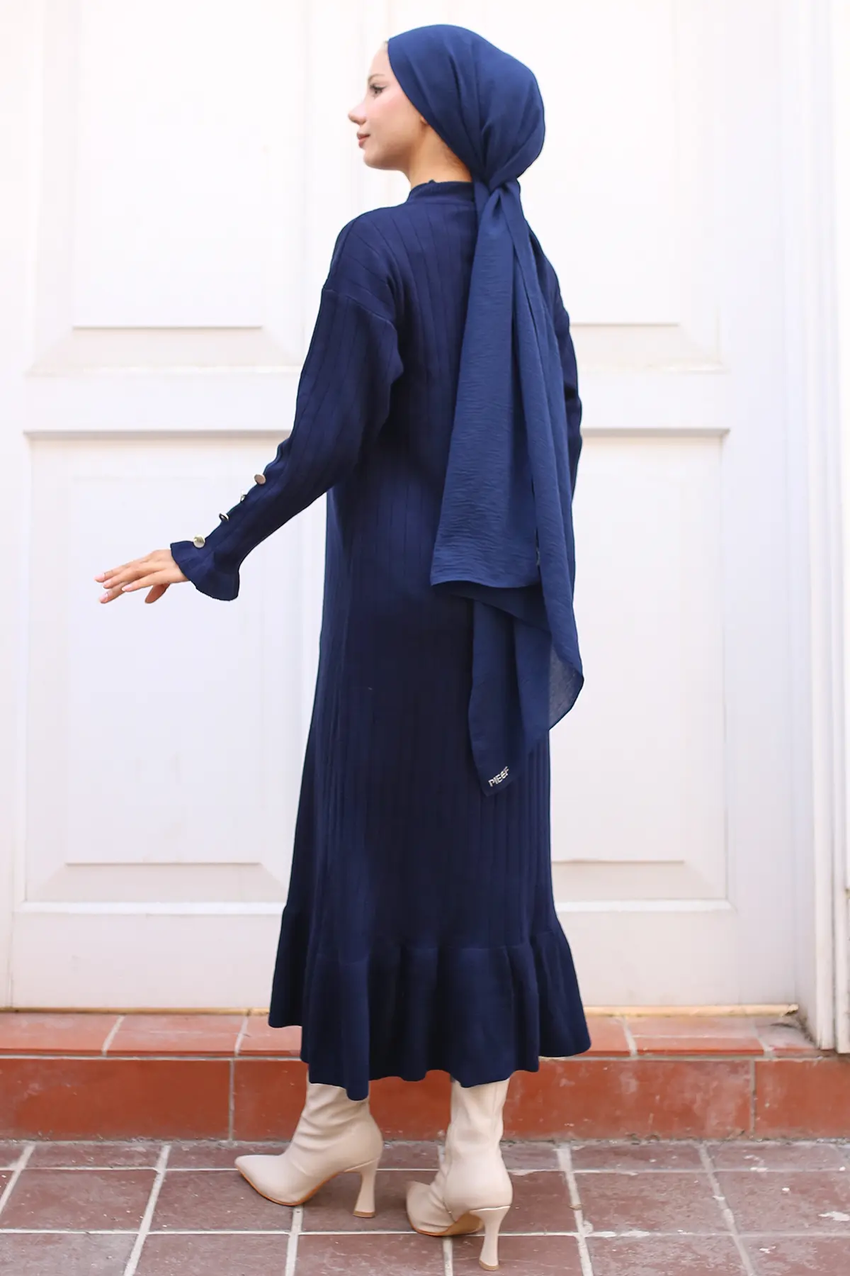 23009 Fırfırlı Triko Elbise Lacivert-detail