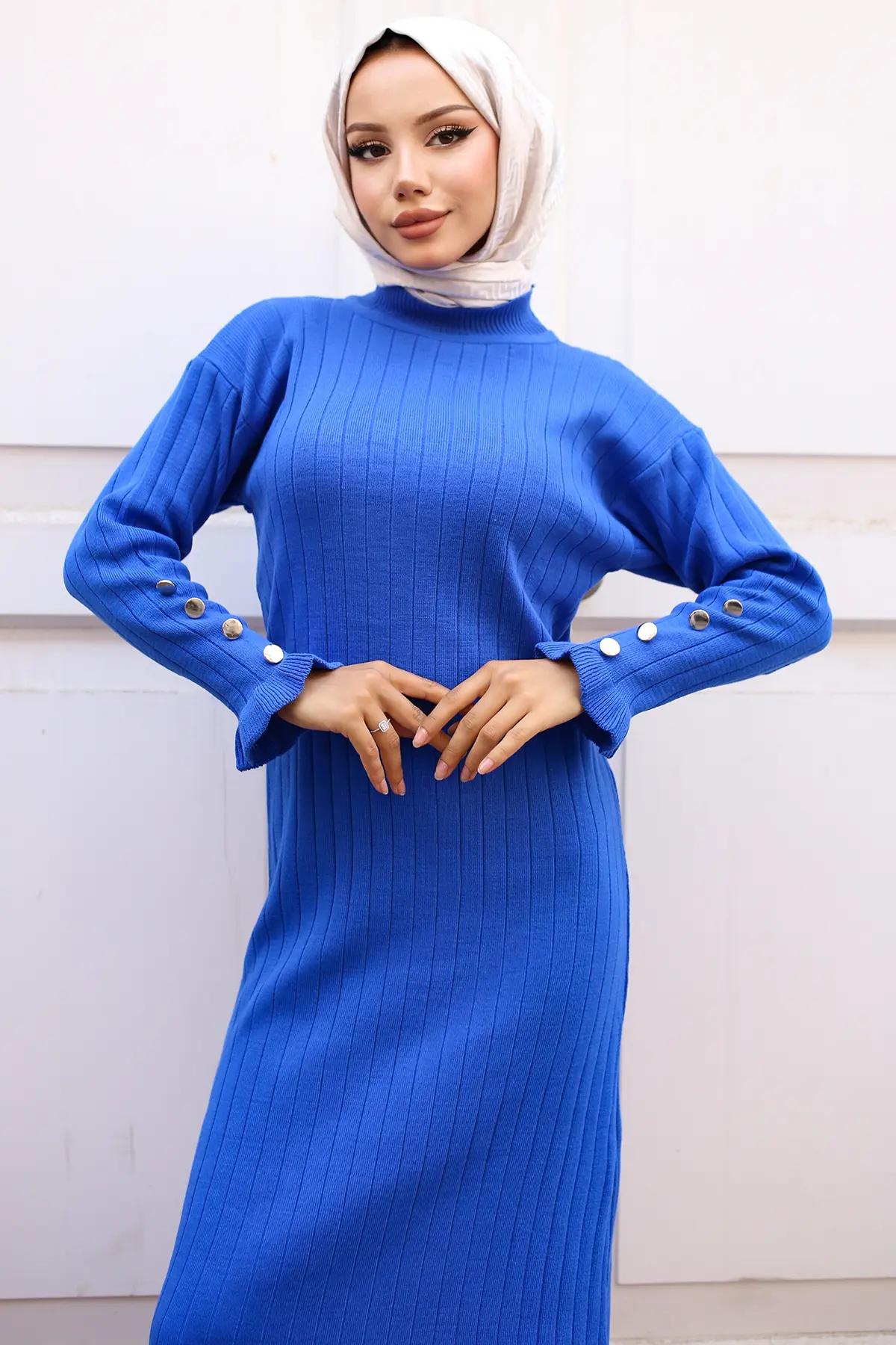 23009 Fırfırlı Triko Elbise Saks Mavisi-detail