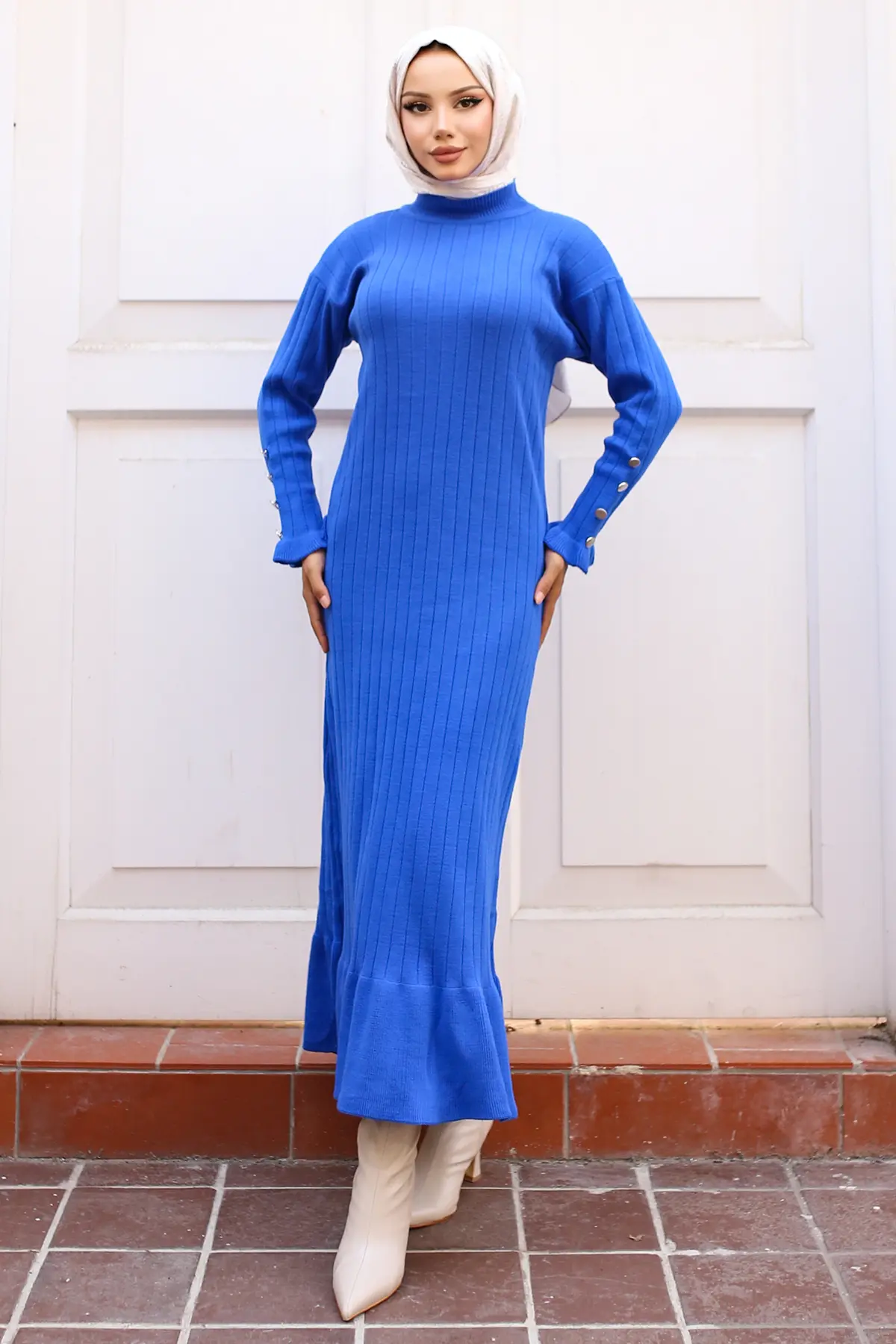 23009 Fırfırlı Triko Elbise Saks Mavisi-detail