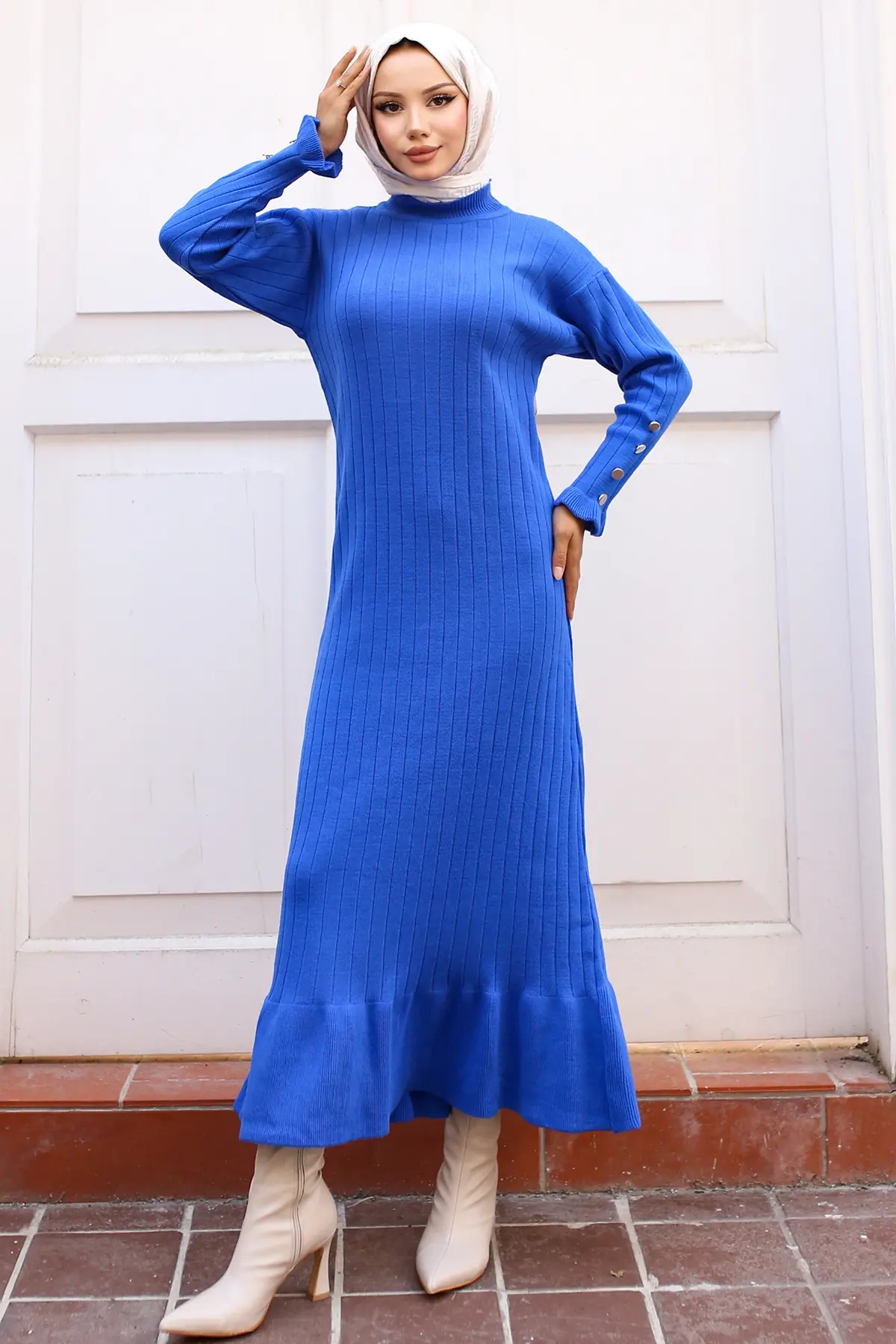 23009 Fırfırlı Triko Elbise Saks Mavisi-detail