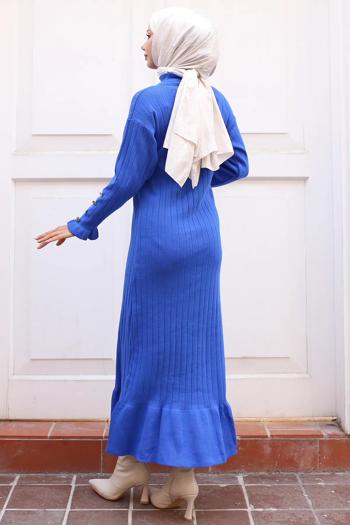 23009 Fırfırlı Triko Elbise Saks Mavisi-detail