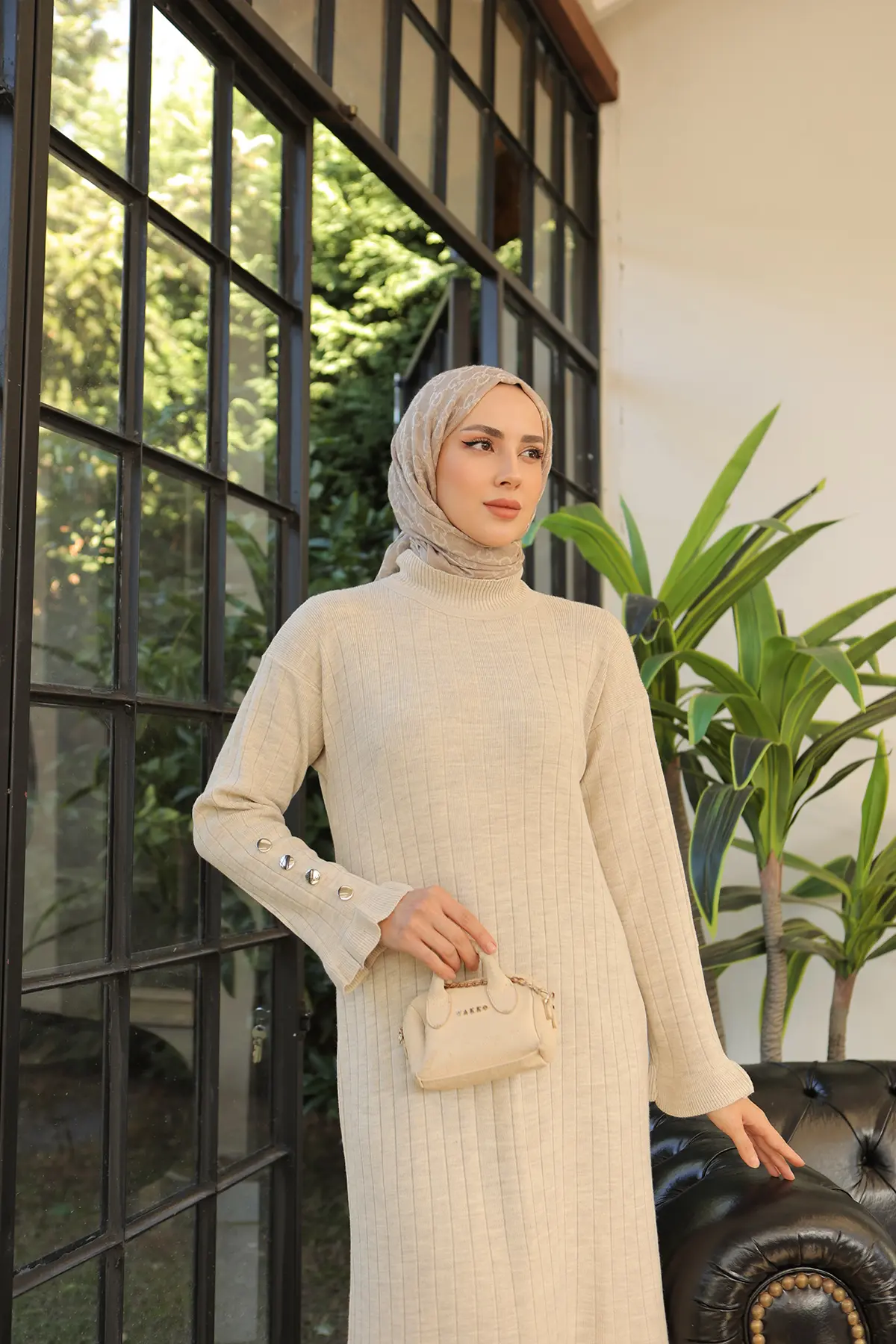 23009 Fırfırlı Triko Elbise Taş Rengi-detail