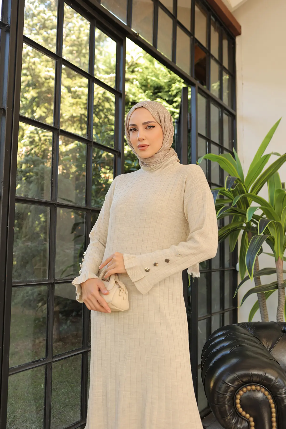 23009 Fırfırlı Triko Elbise Taş Rengi-detail