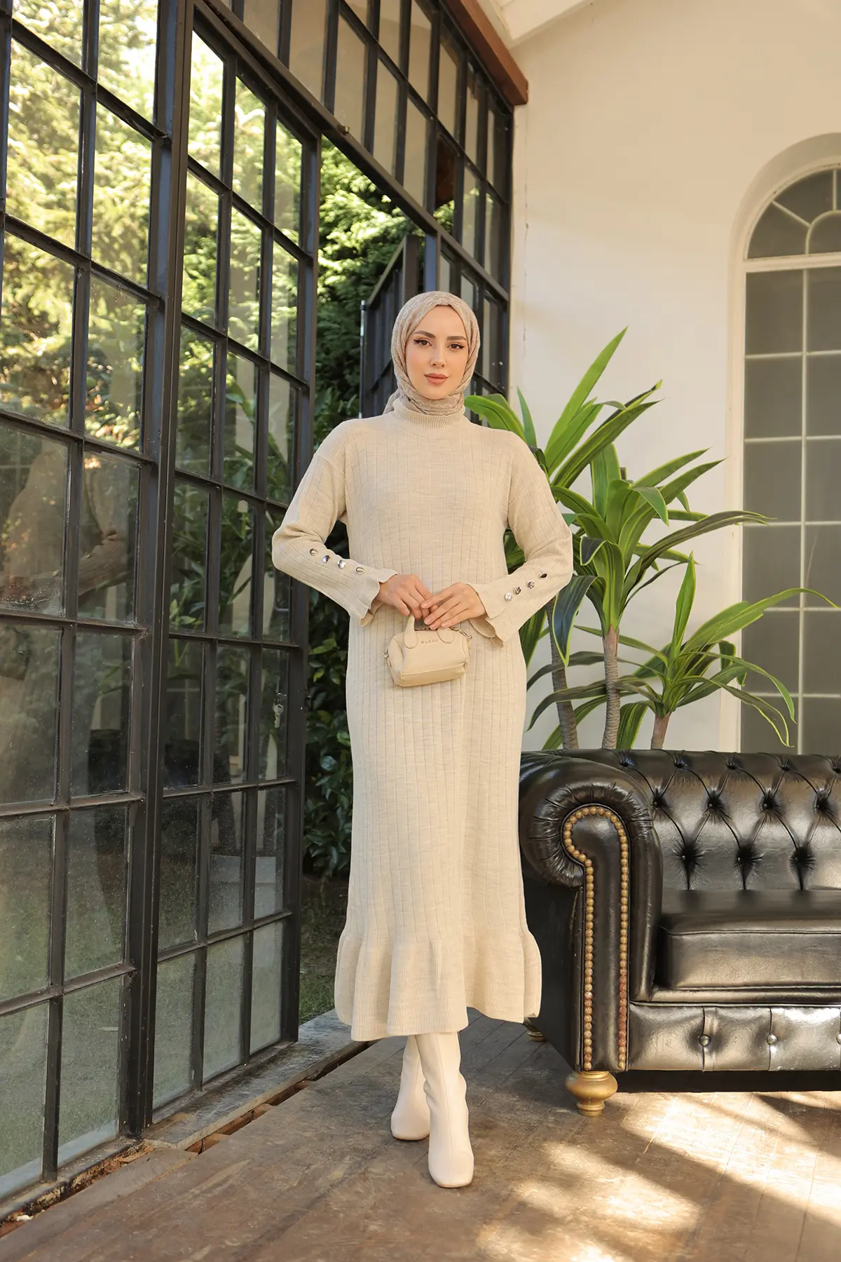 23009 Fırfırlı Triko Elbise Taş Rengi-detail