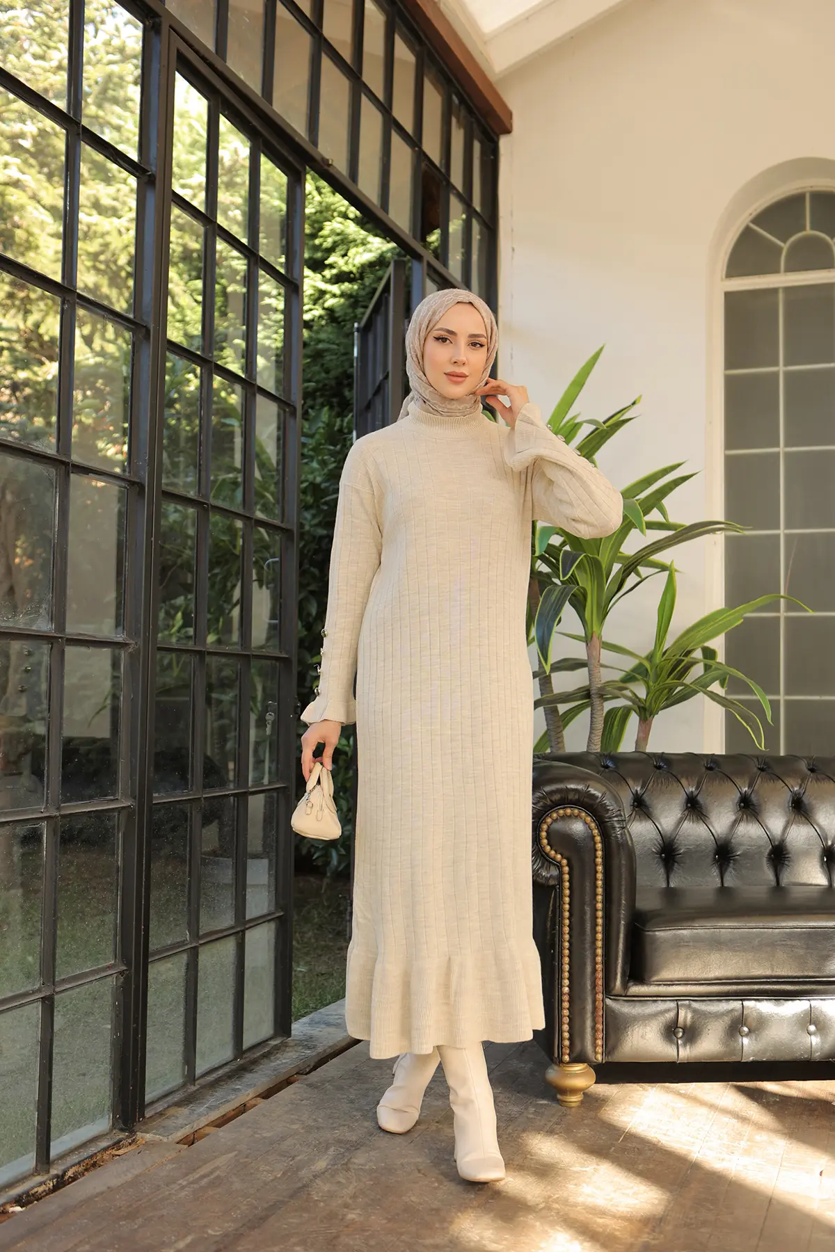 23009 Fırfırlı Triko Elbise Taş Rengi-detail