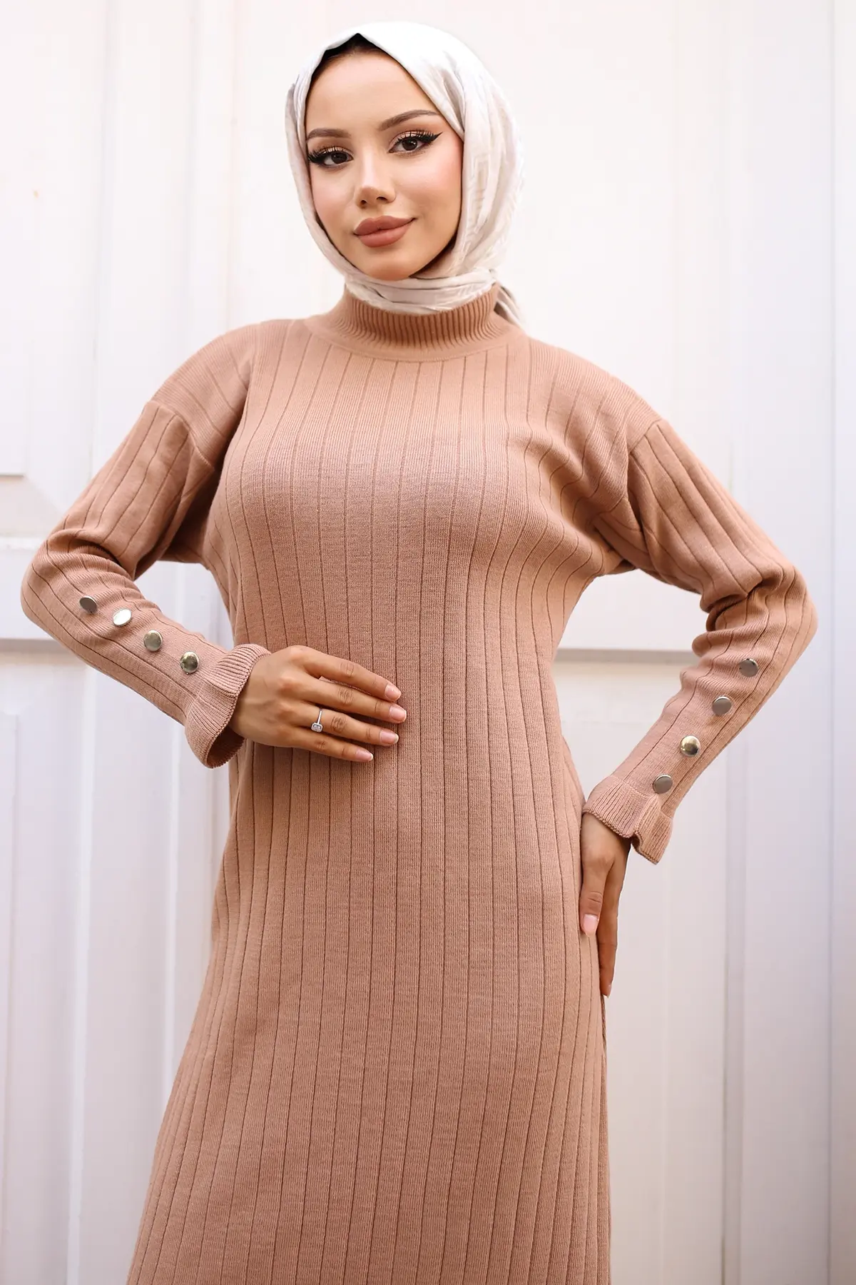 23009 Fırfırlı Triko Elbise Vizon-detail