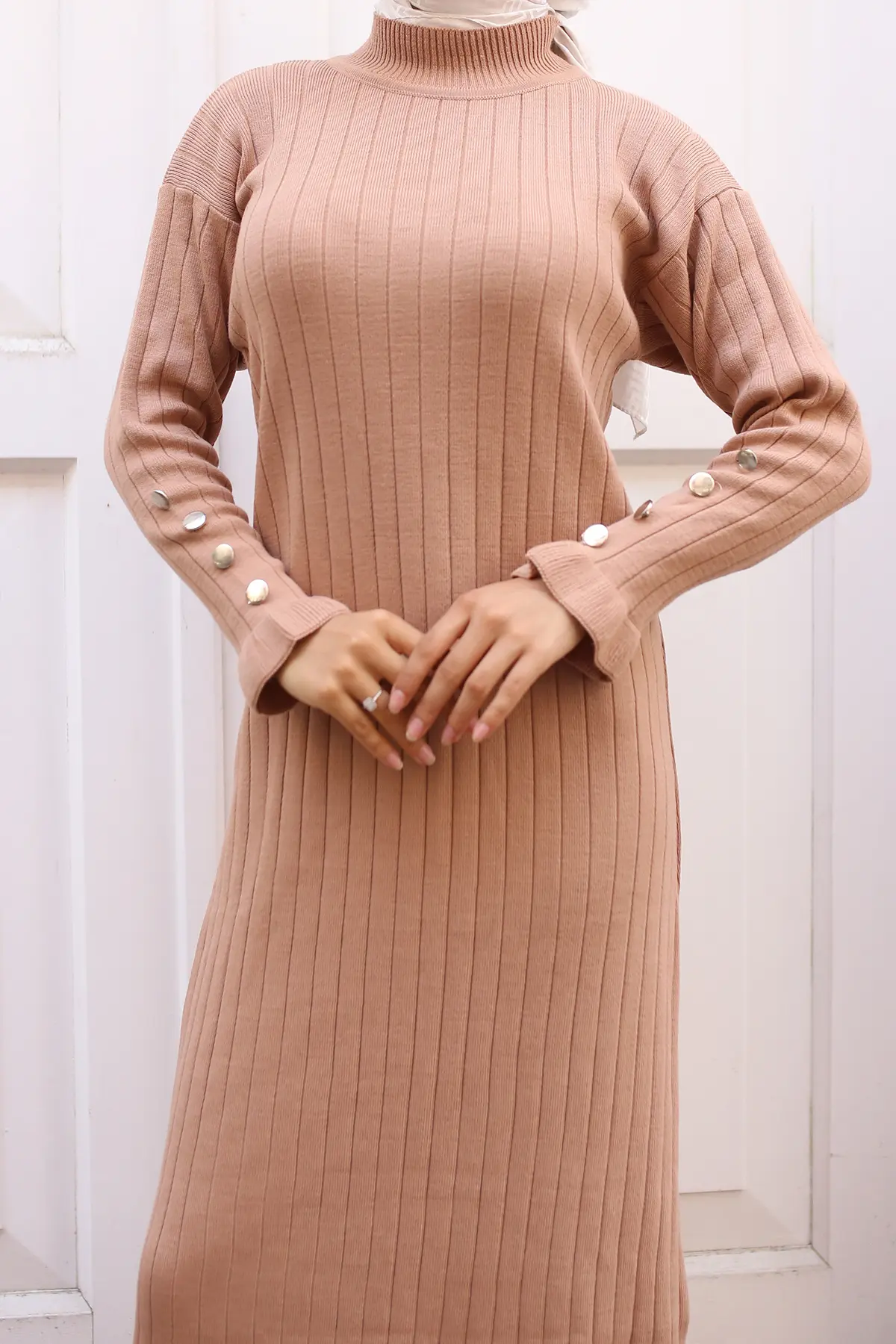 23009 Fırfırlı Triko Elbise Vizon-detail