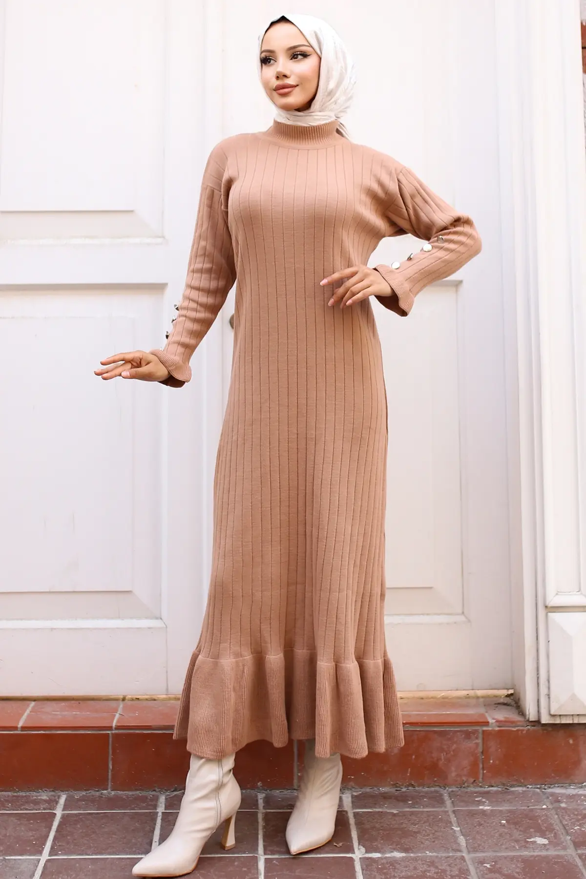 23009 Fırfırlı Triko Elbise Vizon-detail