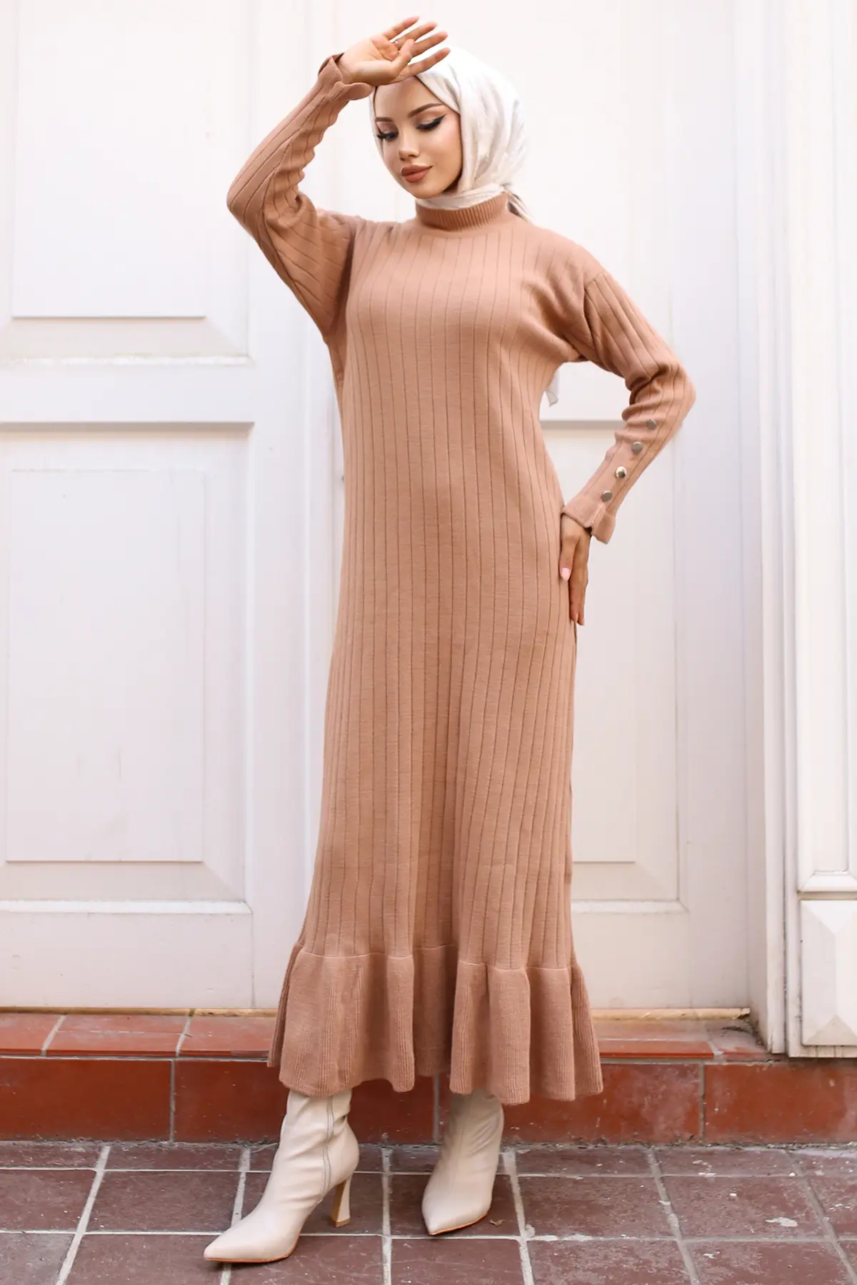 23009 Fırfırlı Triko Elbise Vizon-detail