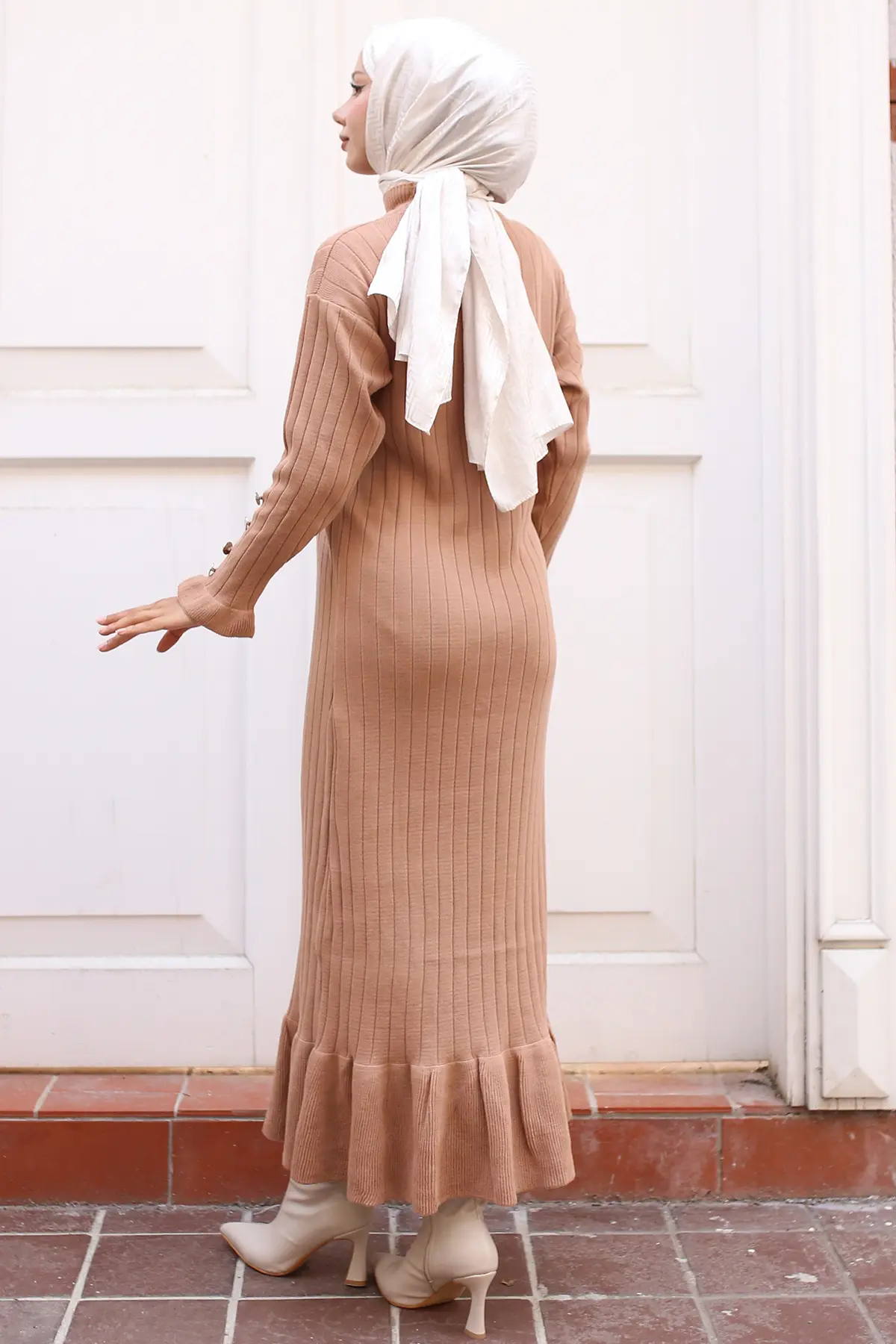 23009 Fırfırlı Triko Elbise Vizon-detail