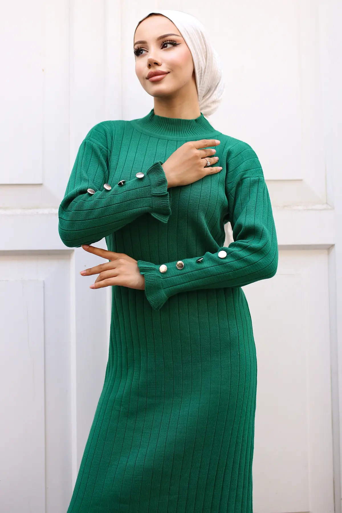 23009 Fırfırlı Triko Elbise Zümrüt Yeşili-detail