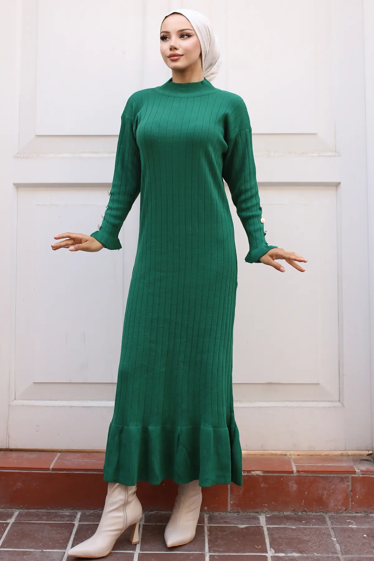 23009 Fırfırlı Triko Elbise Zümrüt Yeşili-detail