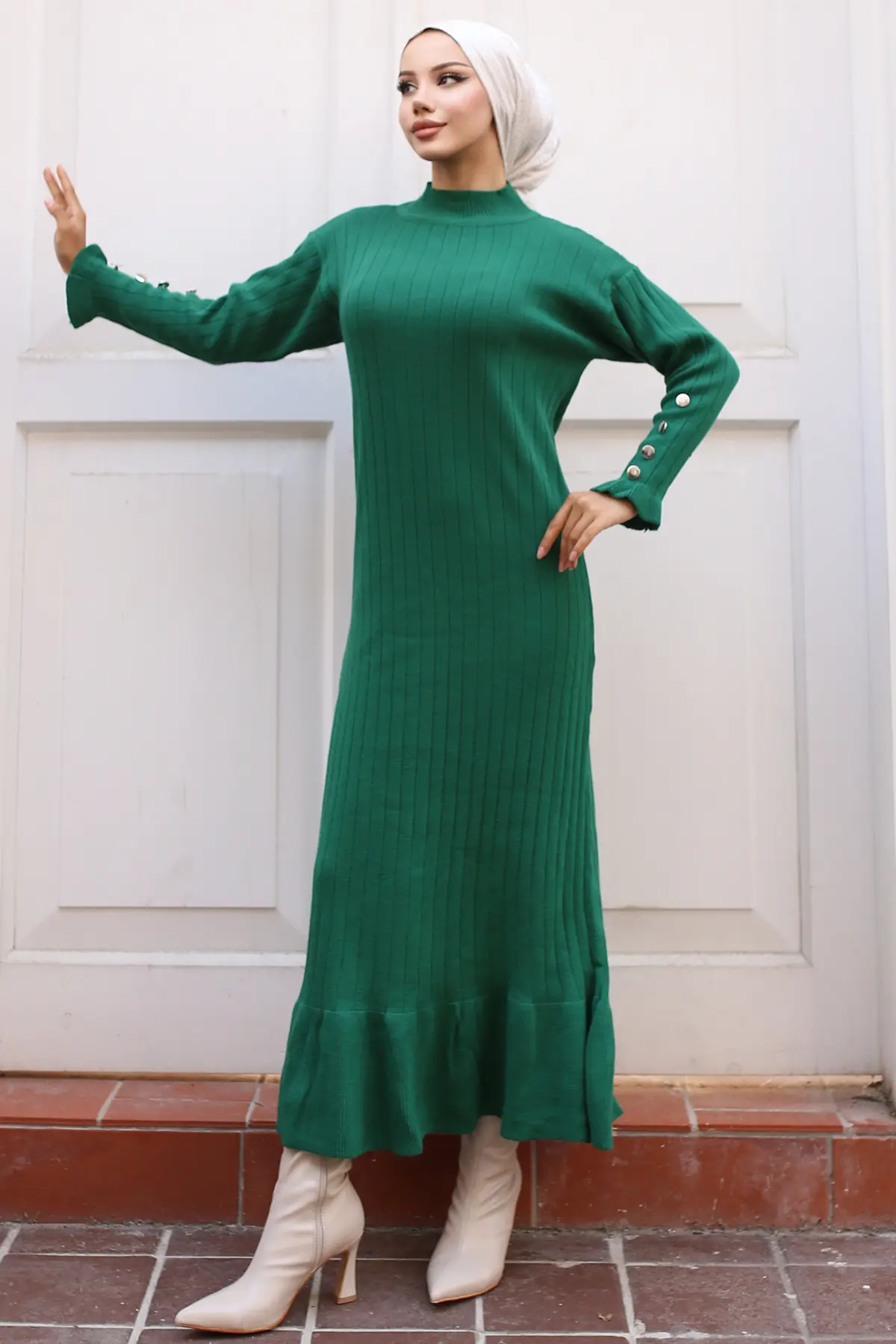 23009 Fırfırlı Triko Elbise Zümrüt Yeşili-detail