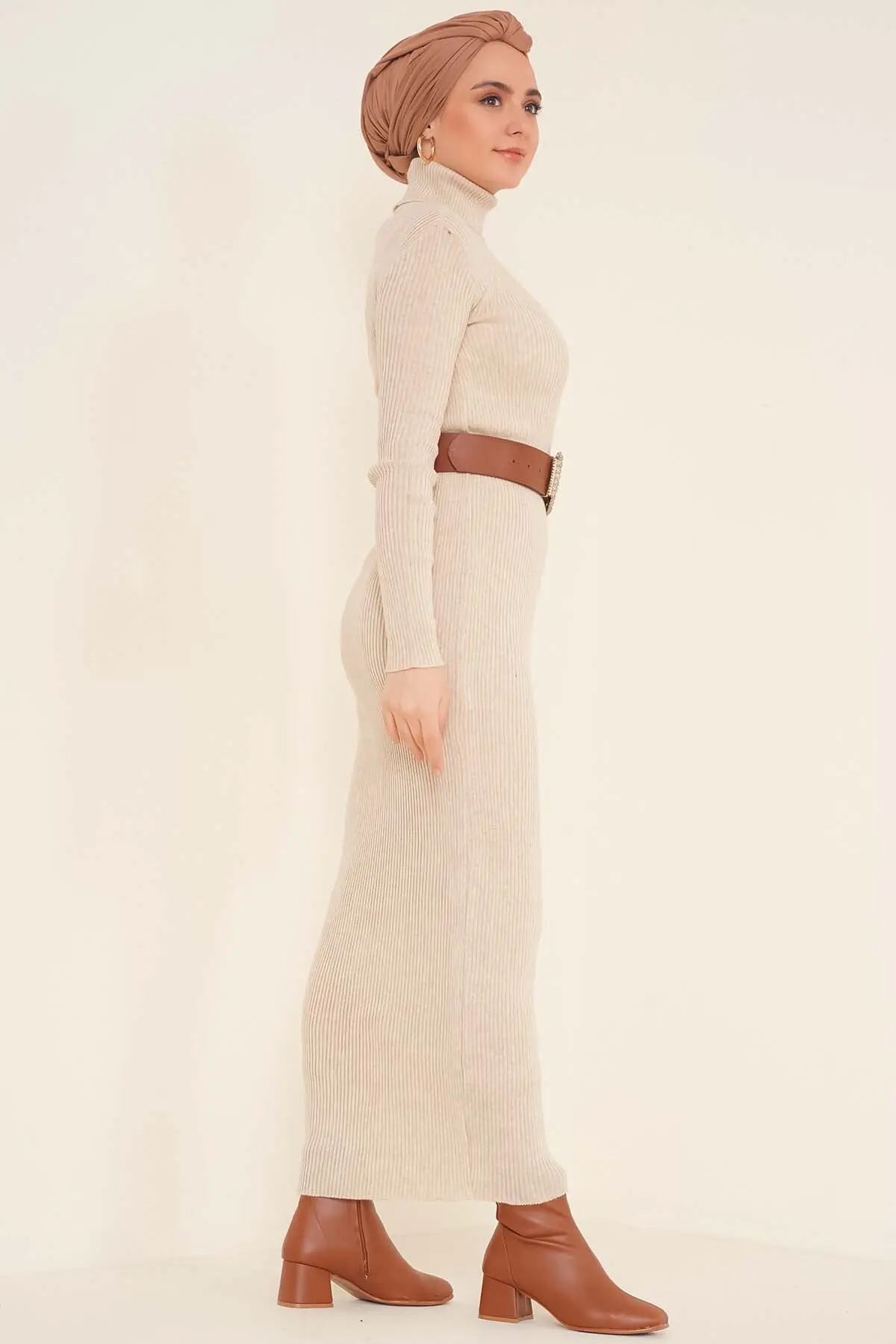 23100 Fitilli Uzun Triko Elbise Bej-detail