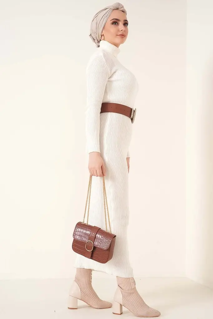 23100 Fitilli Uzun Triko Elbise Ekru-detail