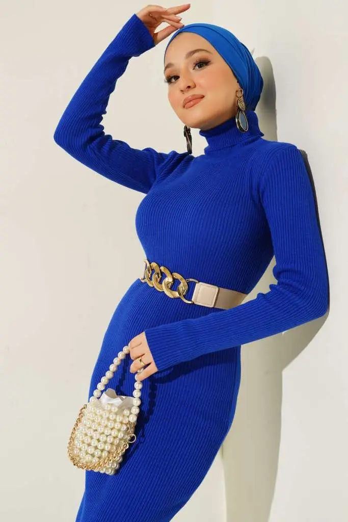 23100 Fitilli Uzun Triko Elbise Saks Mavisi-detail