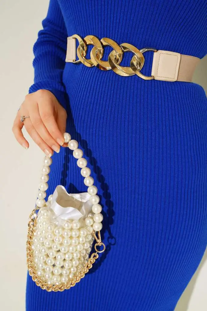 23100 Fitilli Uzun Triko Elbise Saks Mavisi-detail