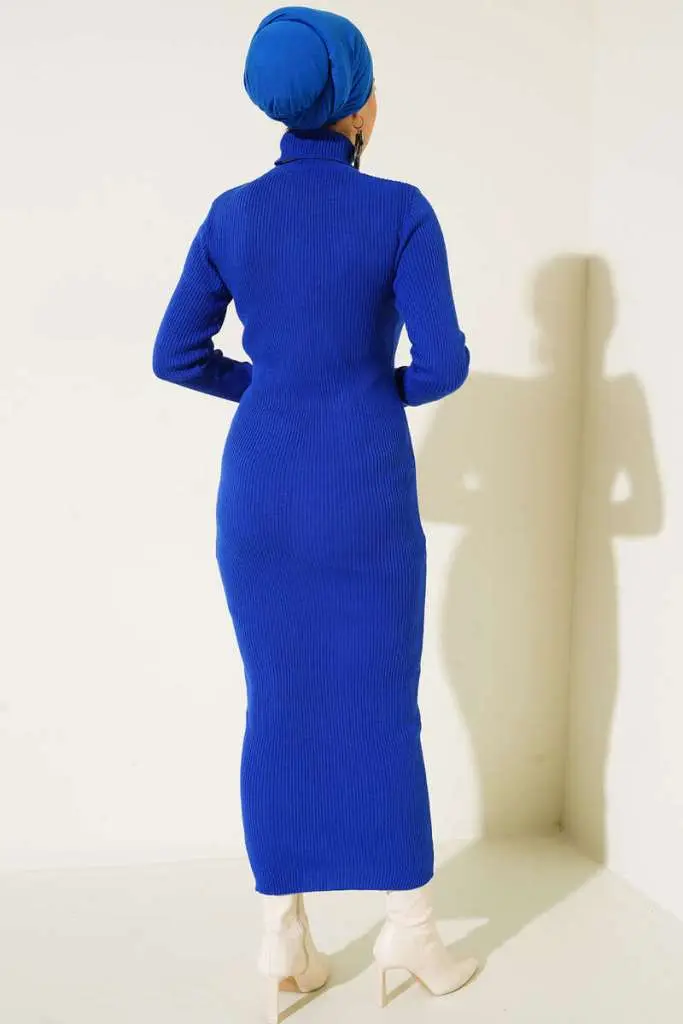 23100 Fitilli Uzun Triko Elbise Saks Mavisi-detail